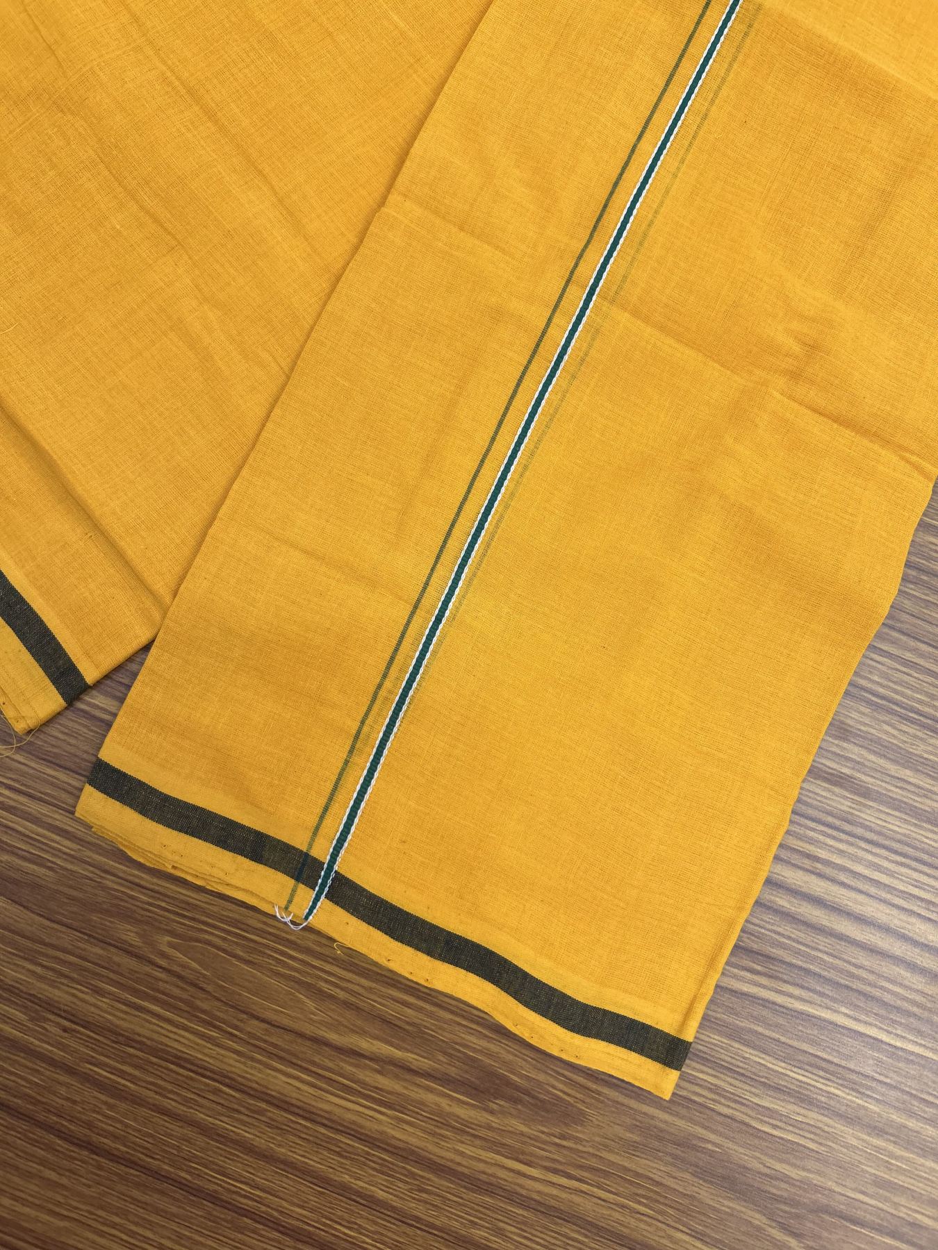 Handloom Single Hallmarked - 10% Discount !! KaithariKada 100% Pure Cotton - Mundu/Dhoti 0.2 cm Green Kara with Light Orange colour Body - (2 meter / 4 muzham) - 46 KK8044 ELA