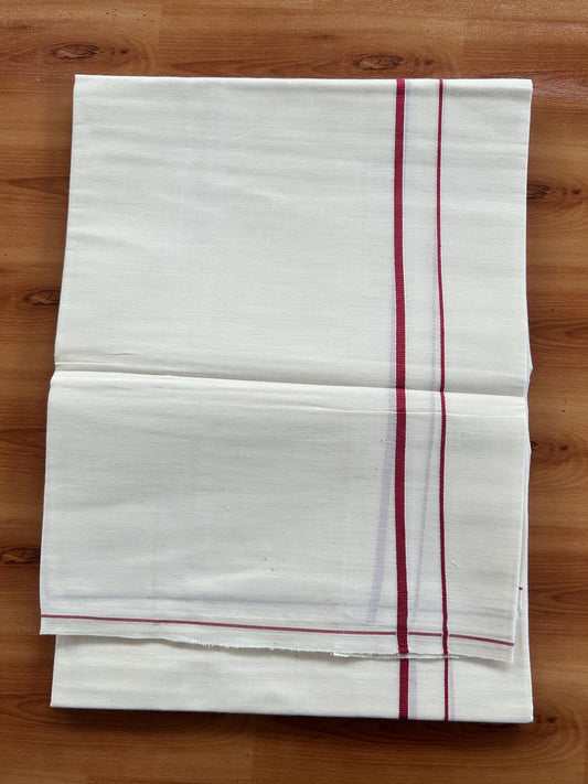 Single Off White - (Unbleached) Mundu/Dhoti - KaithariKada Balaramapuram Pure Cotton 70x30 - 0.3 cm Pinkish Red Kara (2 meter /4 muzham) - 18 KK5409 PMC
