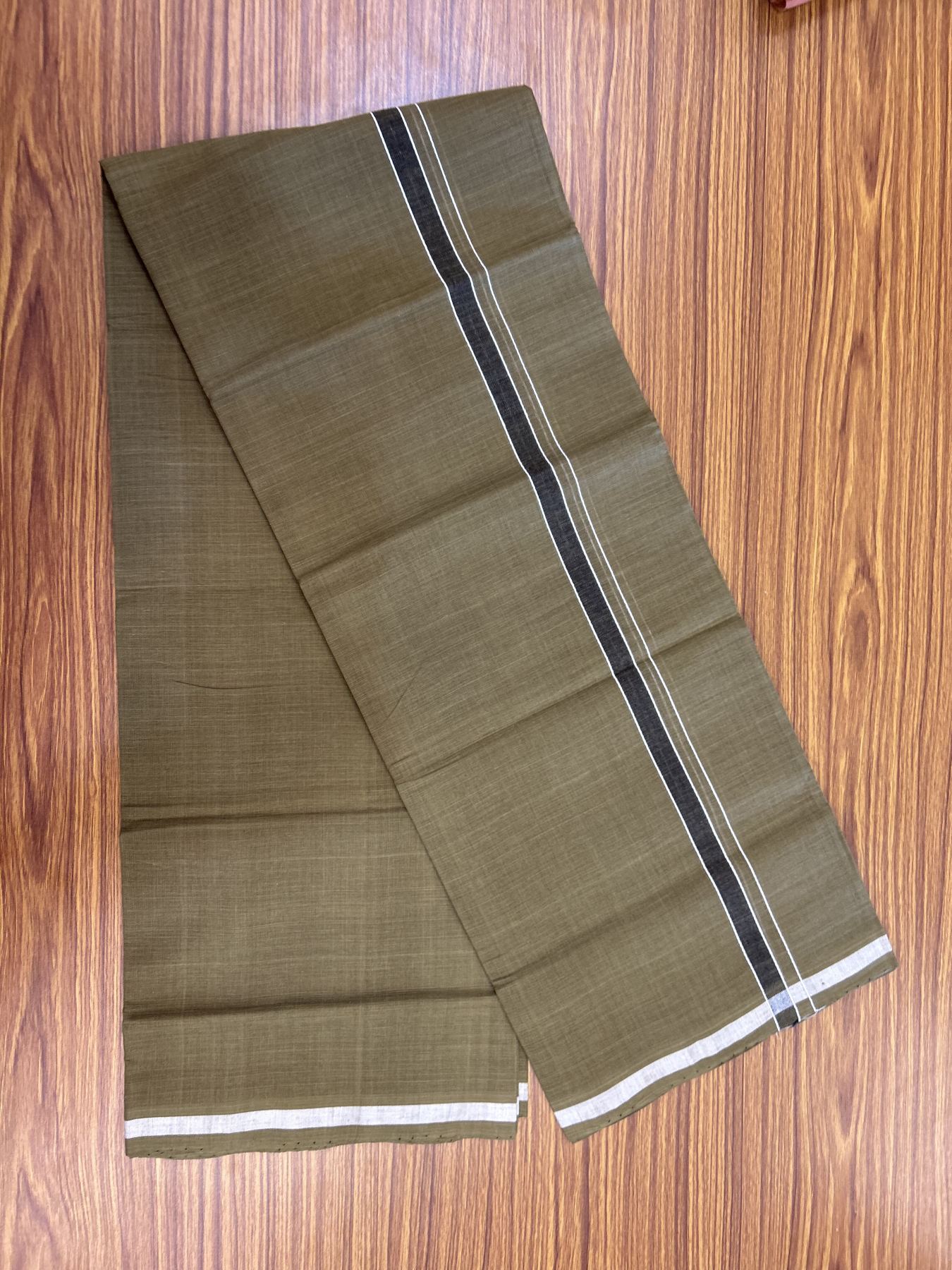 Handloom Single Hallmarked - 10% Discount !! KaithariKada 100% Pure Cotton - Mundu/Dhoti Olive Green Body & 1.5 cm Black & White Stripes Kara - (2 meter / 4 muzham) - 8 KK8044 ELA