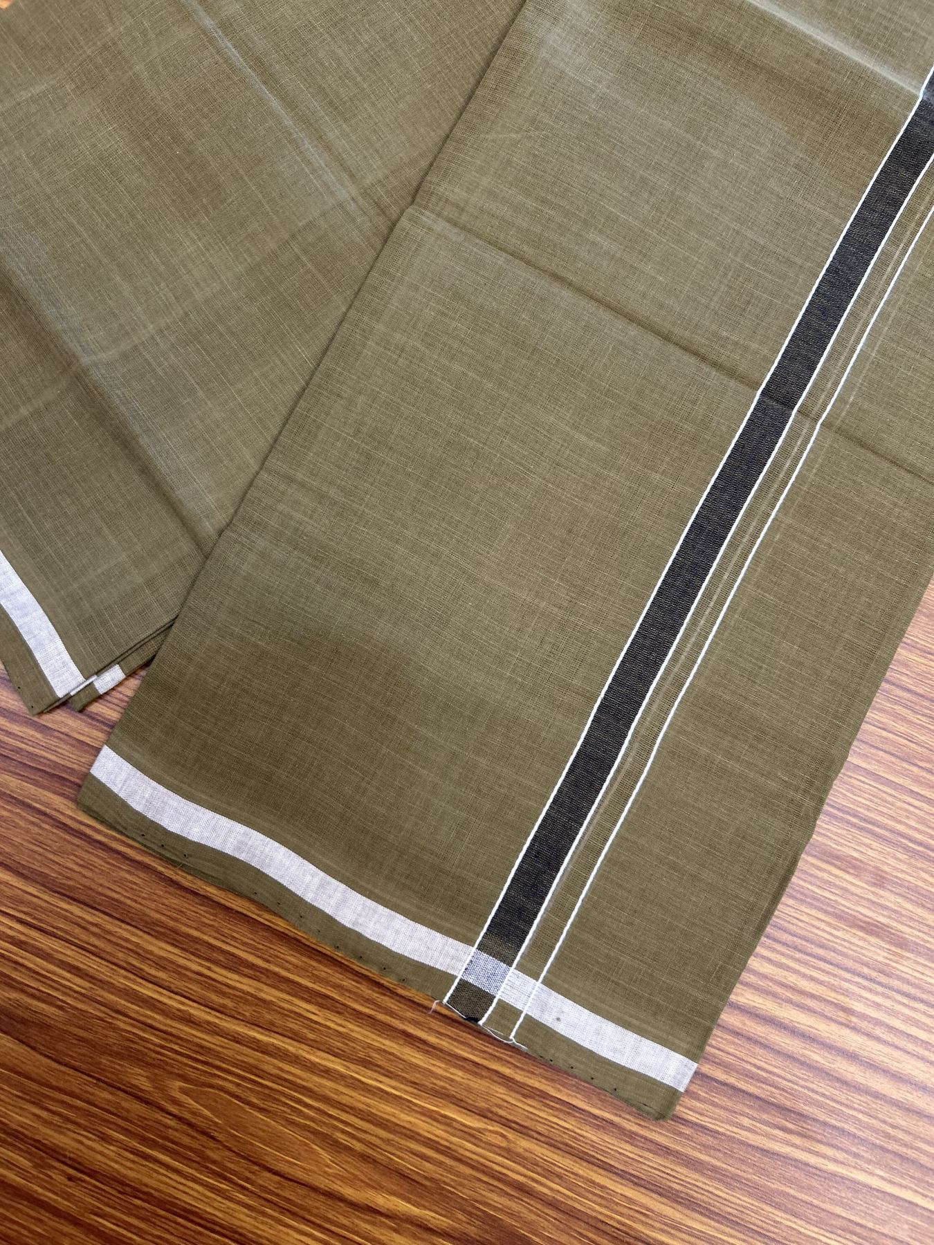 Handloom Single Hallmarked - 10% Discount !! KaithariKada 100% Pure Cotton - Mundu/Dhoti Olive Green Body & 1.5 cm Black & White Stripes Kara - (2 meter / 4 muzham) - 8 KK8044 ELA
