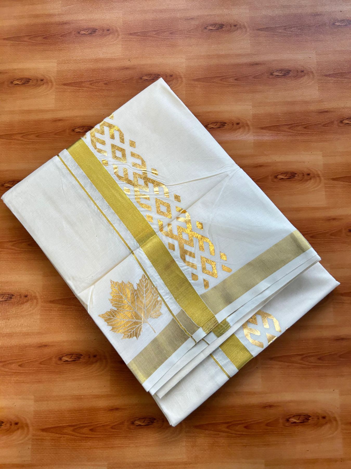 Double Off White (Unbleached) Mundu/Dhoti - 20% Discount!! KaithariKada Mixed Cotton (60s) - 3 inch Gold Kasav & Printed Designer Kara 4 mtr (8.5 Muzham) - 42 KK5487 CKS
