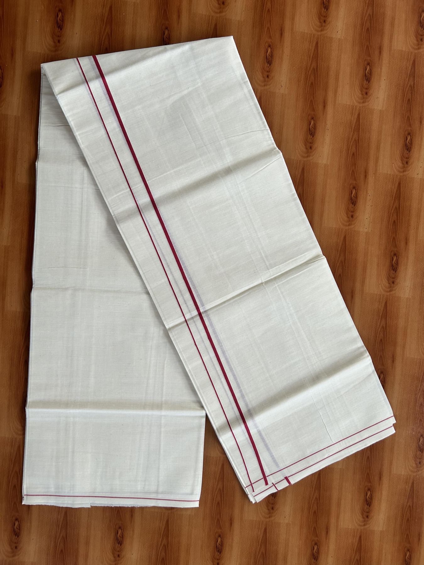 Single Off White - (Unbleached) Mundu/Dhoti - KaithariKada Balaramapuram Pure Cotton 70x30 - 0.3 cm Pinkish Red Kara (2 meter /4 muzham) - 18 KK5409 PMC