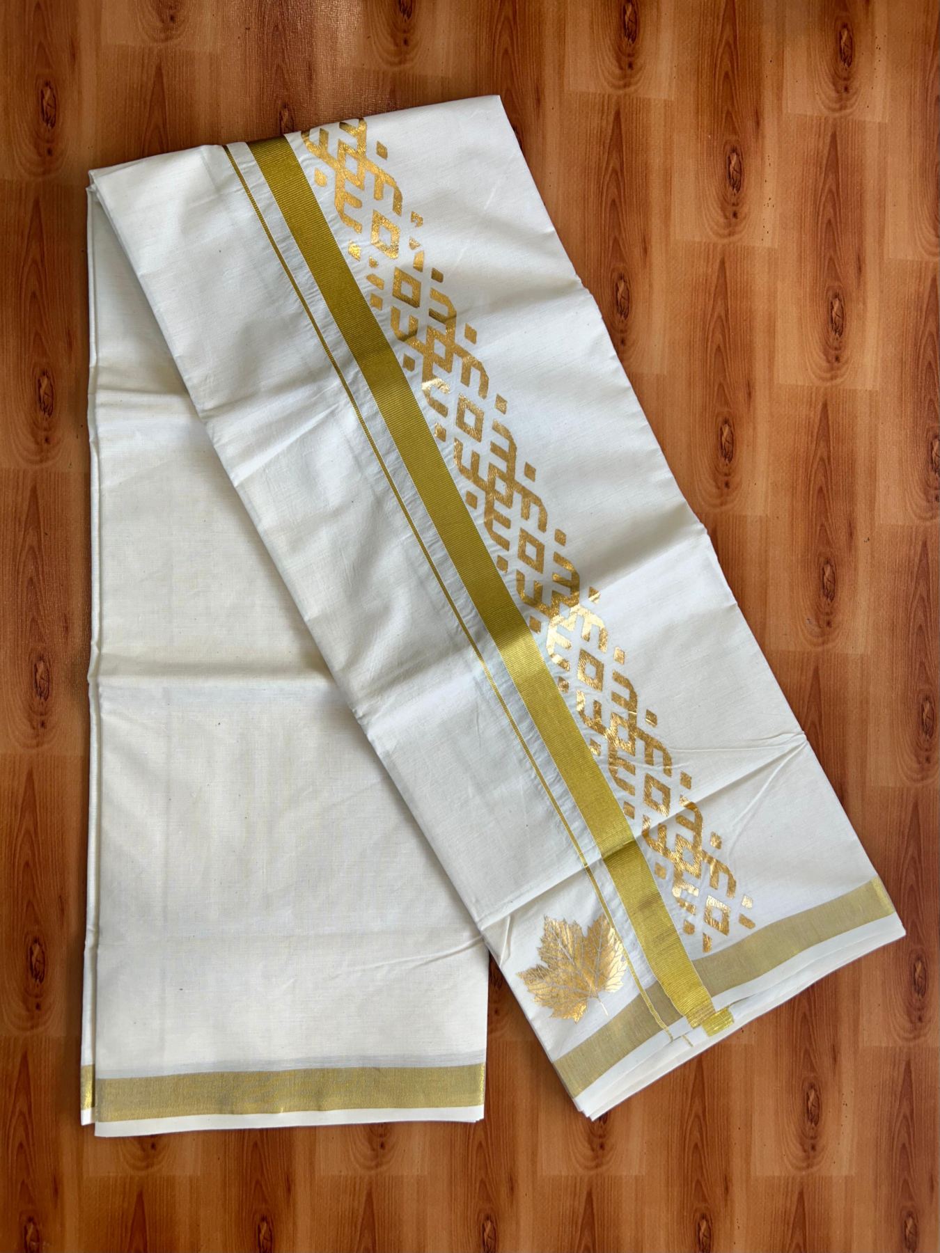 Double Off White (Unbleached) Mundu/Dhoti - 20% Discount!! KaithariKada Mixed Cotton (60s) - 3 inch Gold Kasav & Printed Designer Kara 4 mtr (8.5 Muzham) - 42 KK5487 CKS