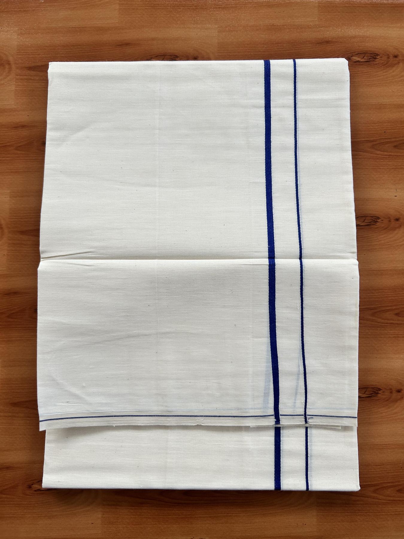 Single Off White - (Unbleached) Mundu/Dhoti - KaithariKada Balaramapuram Pure Cotton 70x30 - 0.3 cm Blue Kara (2 meter /4 muzham) - 15 KK5409 PMC