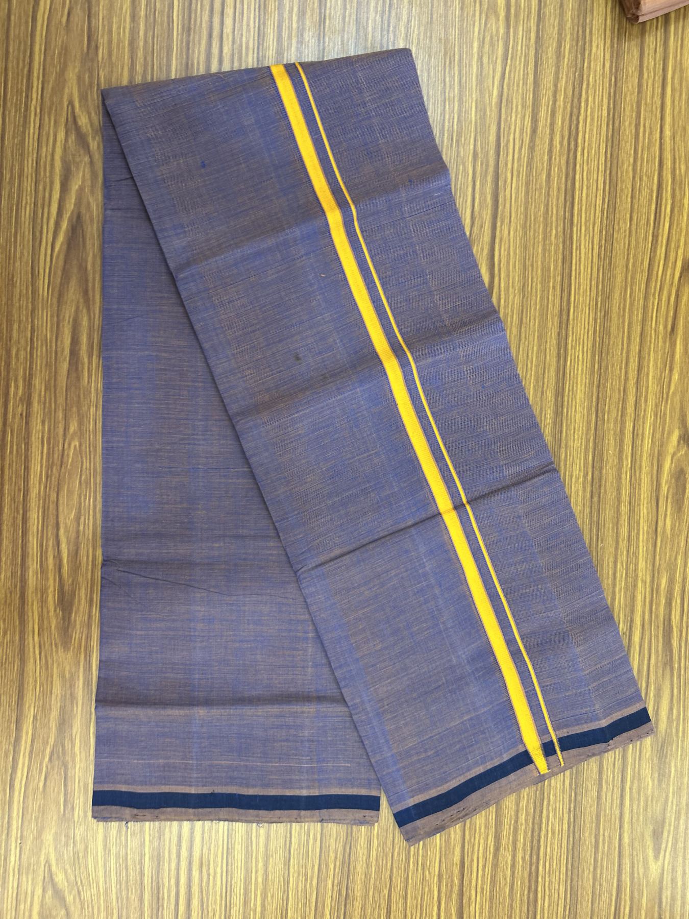 Handloom Single Hallmarked - 10% Discount !! KaithariKada 100% Pure Cotton - Mundu/Dhoti Blue Brown Shaded Body & 1 cm Orange Kara - (2 meter / 4 muzham) - 13 KK8044 ELA