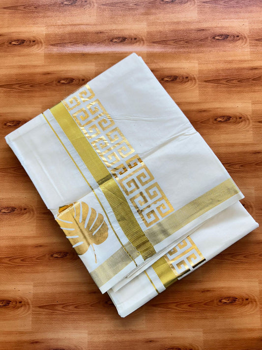 Double Off White (Unbleached) Mundu/Dhoti - 20% Discount!! KaithariKada Mixed Cotton (60s) - 2.75 inch Gold Kasav & Printed Designer Kara 4 mtr (8.5 Muzham) - 43 KK5487 CKS