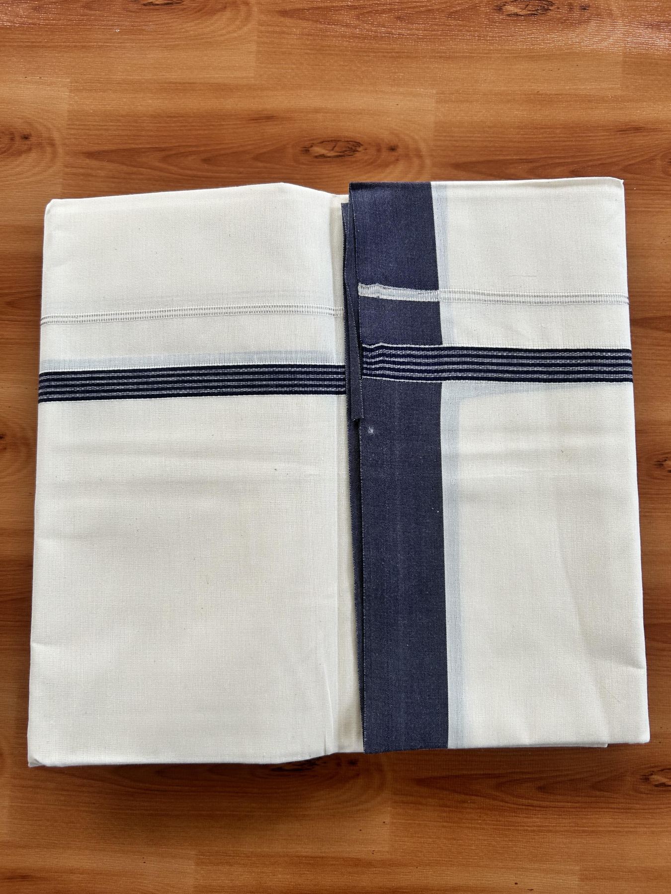 Single Off White - (Unbleached) Mundu/Dhoti - KaithariKada Balaramapuram Cotton 70x30 - 1.5 inch Silver Kasav & Navy Blue Striped Kara (2 meter / 4 muzham) - 27 KK5409 PMC