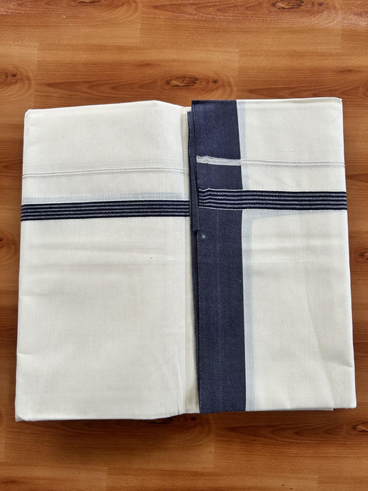 Single Off White - (Unbleached) Mundu/Dhoti - KaithariKada Balaramapuram Cotton 70x30 - 1.5 inch Silver Kasav & Navy Blue Striped Kara (2 meter / 4 muzham) - 27 KK5409 PMC