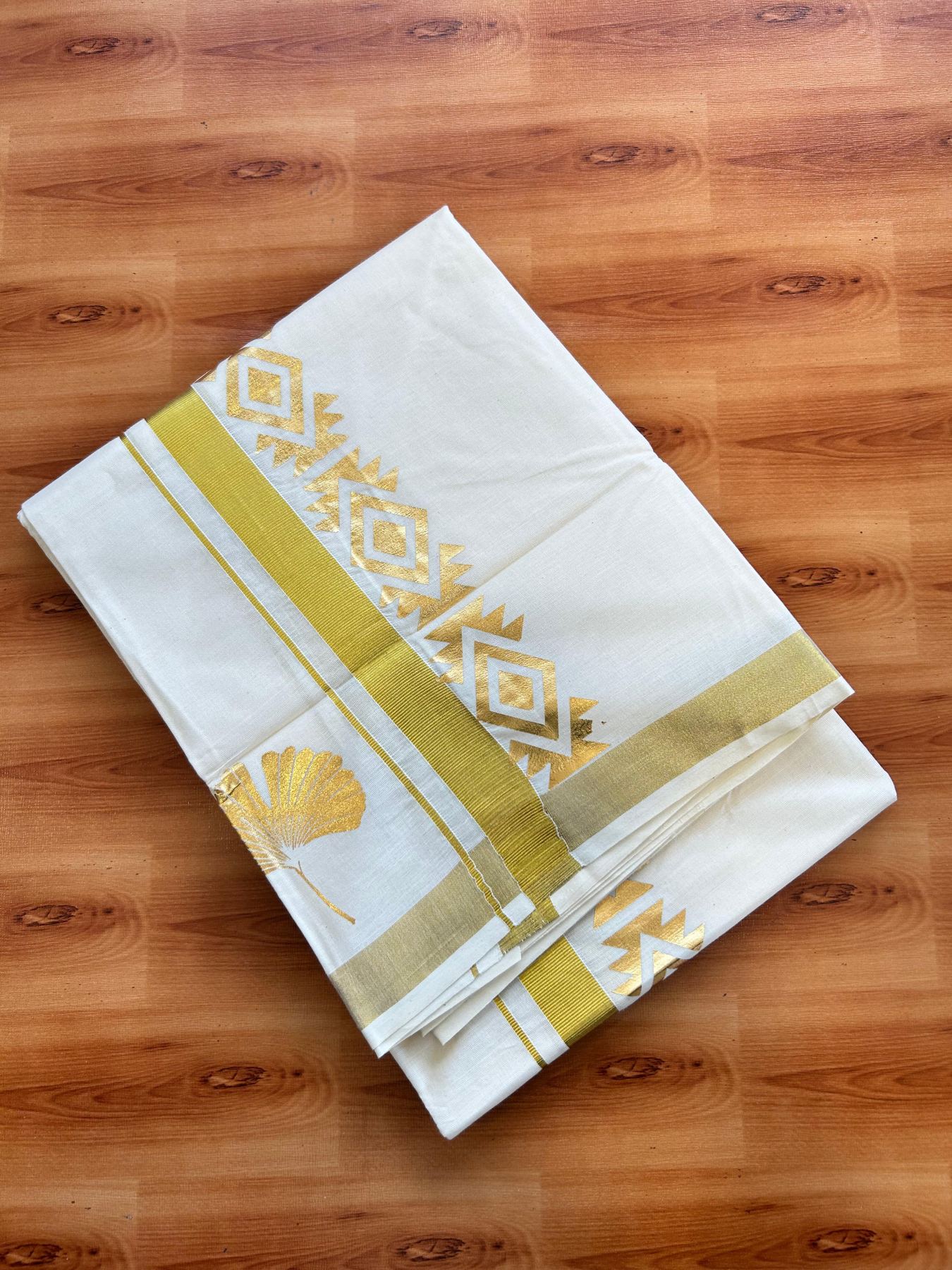 Double Off White (Unbleached) Mundu/Dhoti - 20% Discount!! KaithariKada Mixed Cotton (60s) - 3 inch Gold Kasav & Printed Designer Kara 4 mtr (8.5 Muzham) - 44 KK5487 CKS