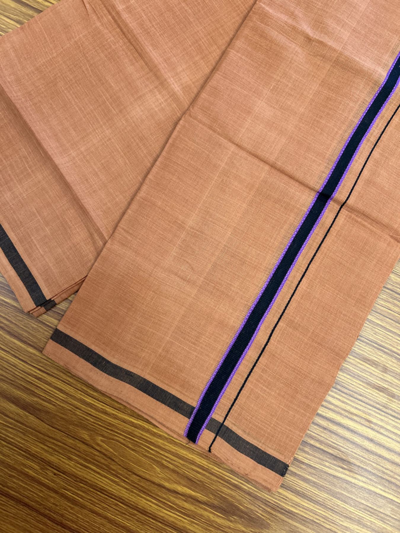 Handloom Single Hallmarked - 10% Discount ! KaithariKada 100% Pure Cotton - Mundu/Dhoti 0.5 inch Black & Violet Kara with Kavi colour Body - (2 meter / 4 muzham) - 55 KK8044 ELA