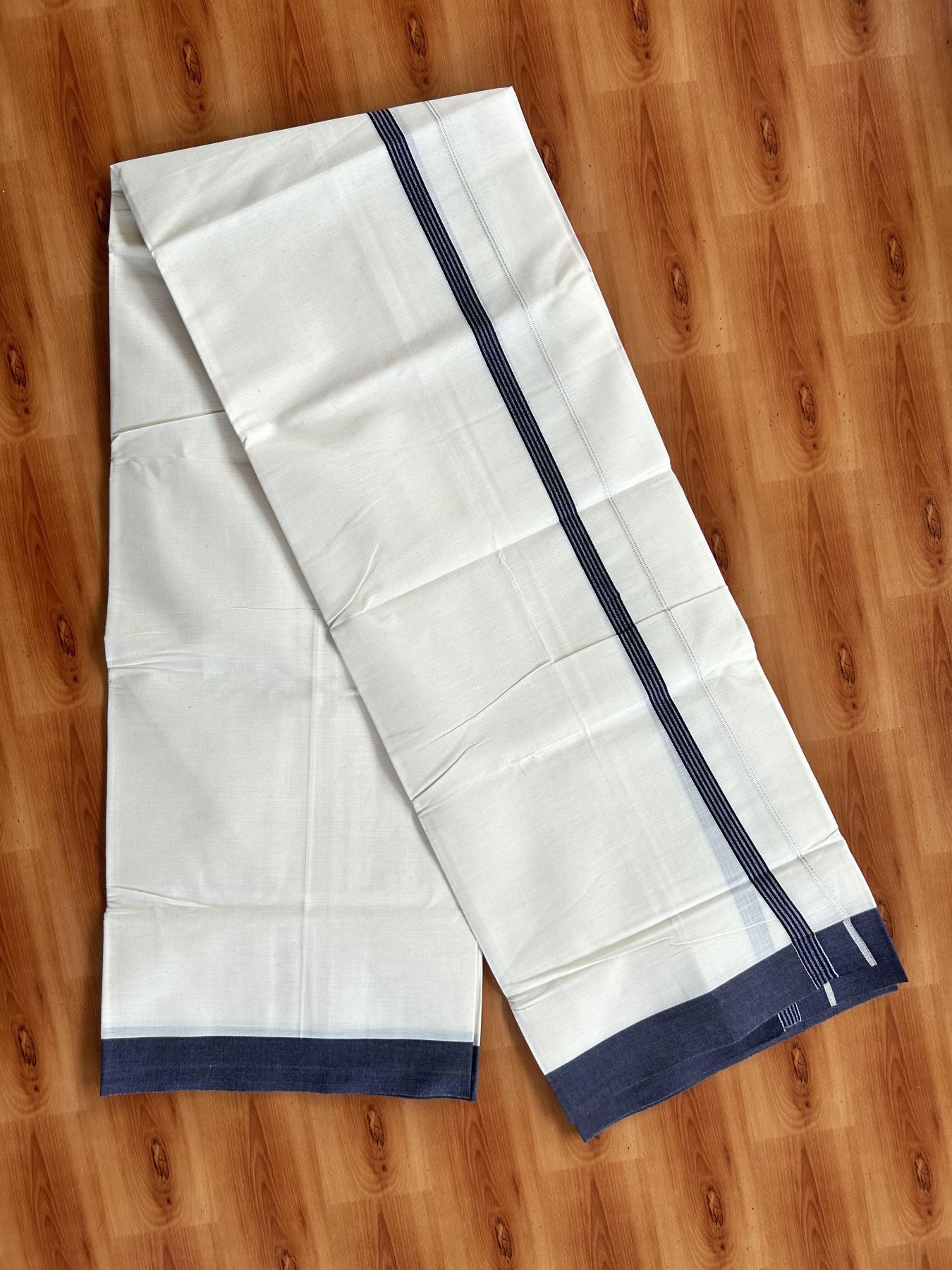 Single Off White - (Unbleached) Mundu/Dhoti - KaithariKada Balaramapuram Cotton 70x30 - 1.5 inch Silver Kasav & Navy Blue Striped Kara (2 meter / 4 muzham) - 27 KK5409 PMC