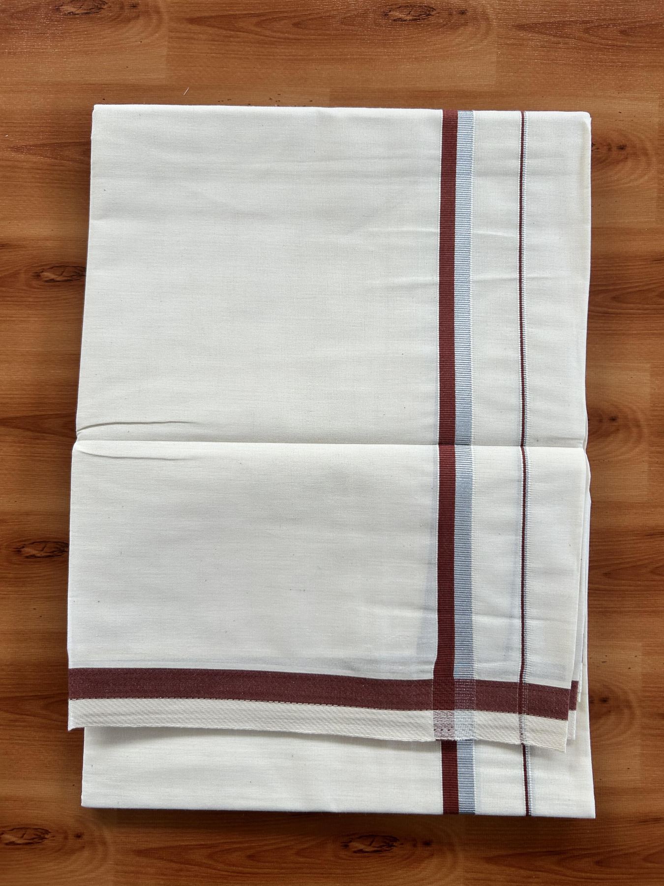 Single Off White - (Unbleached) Mundu/Dhoti - KaithariKada Balaramapuram Cotton 70x30 - 0.5 inch Silver Kasav & Brown Kara (2 meter / 4 muzham) - 26 KK5409 PMC