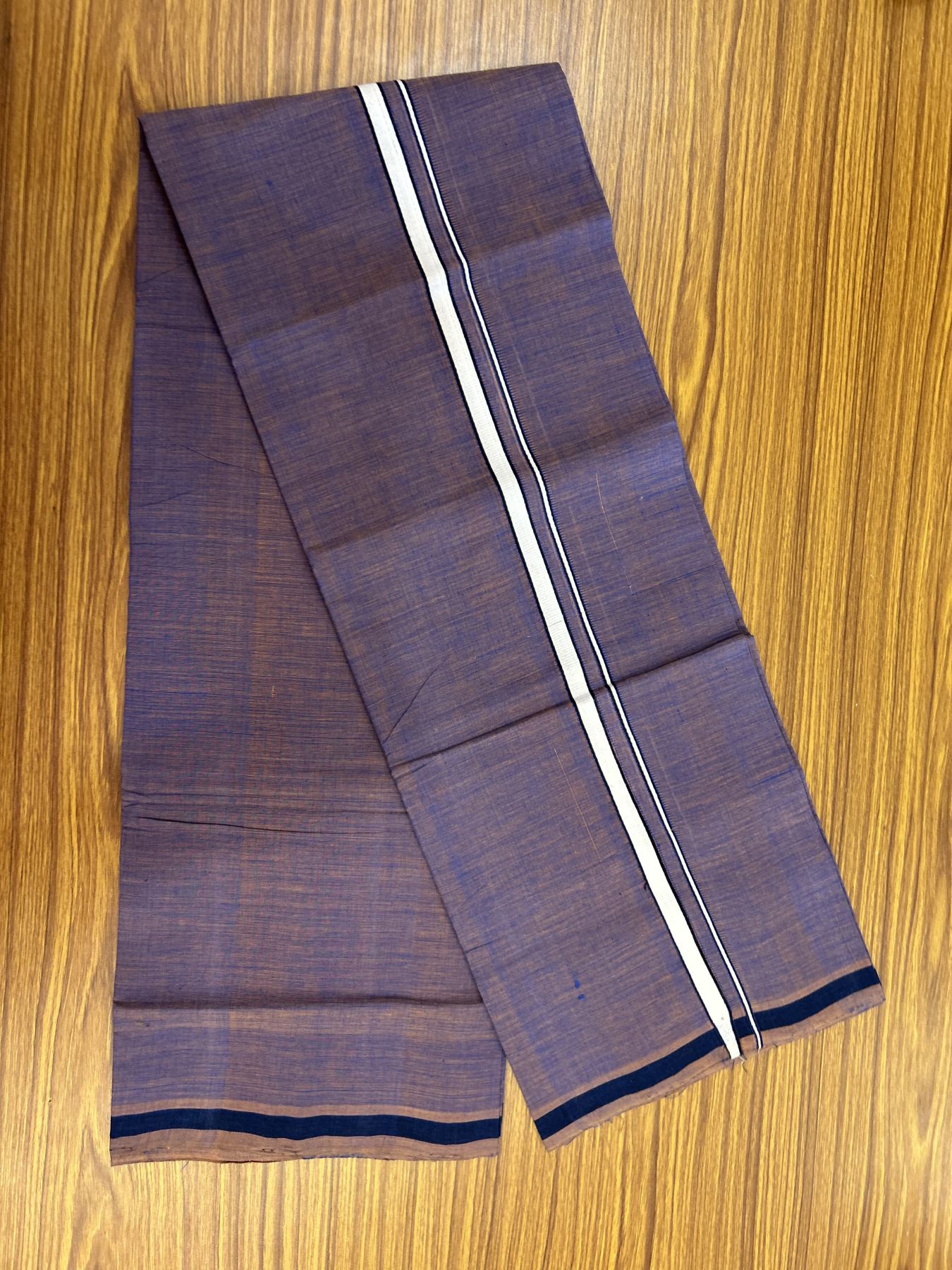 Handloom Single Hallmarked - 10% Discount !! KaithariKada 100% Pure Cotton - Mundu/Dhoti Blue Brown Shaded Body & 1 cm White Kara - (2 meter / 4 muzham) - 14 KK8044 ELA