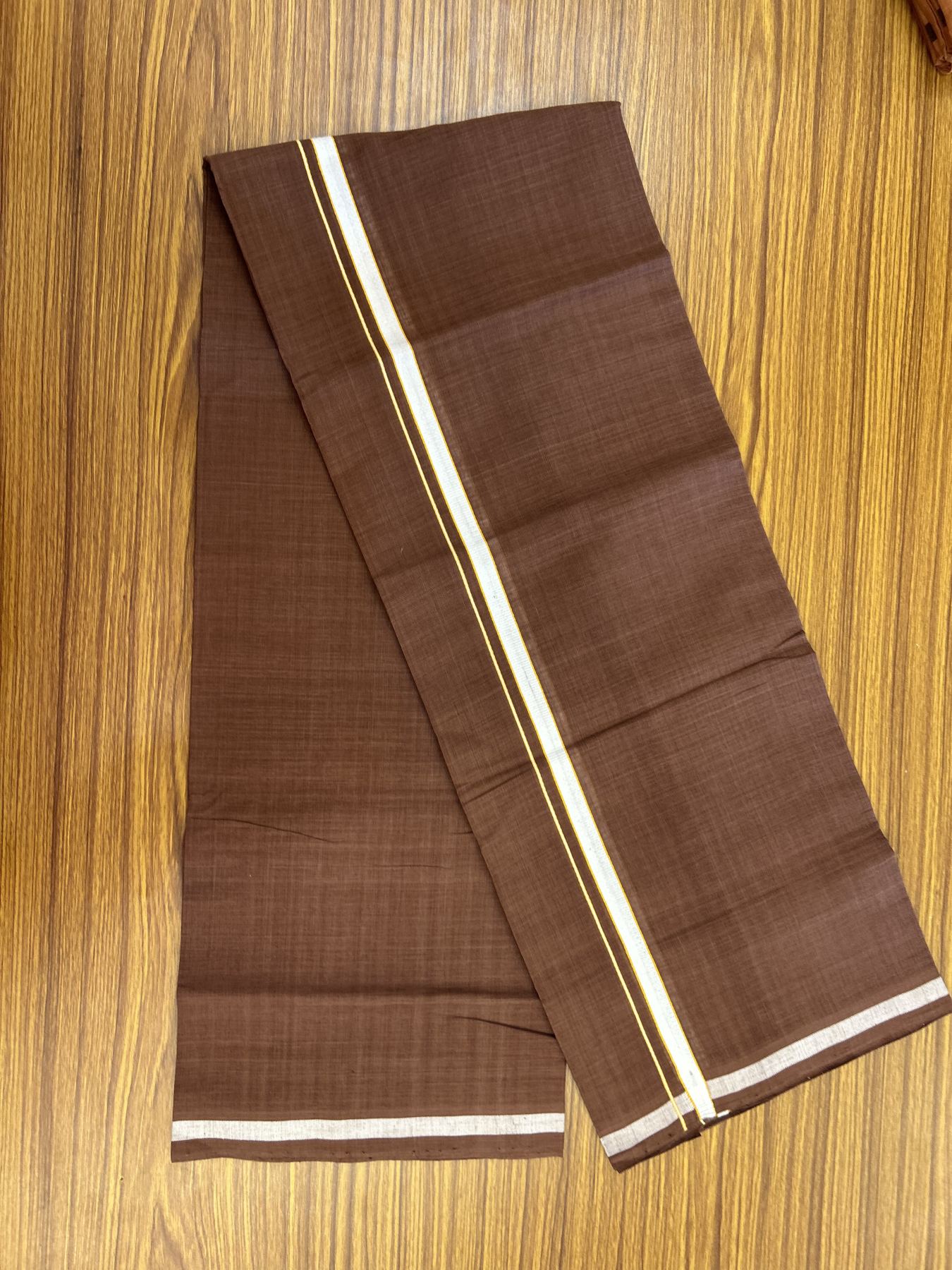 Handloom Single Hallmarked - 10% Discount ! KaithariKada 100% Pure Cotton - Mundu/Dhoti 0.5 inch White & Light Orange kara with Brown colour Body - (2 meter / 4 muzham) - 82 KK8044 ELA