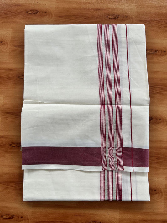 Single Off White - (Unbleached) Mundu/Dhoti - KaithariKada Balaramapuram Cotton 70x30 - 1.5 inch Silver Kasav & Maroon Striped Kara (2 meter / 4 muzham) - 22 KK5409 PMC
