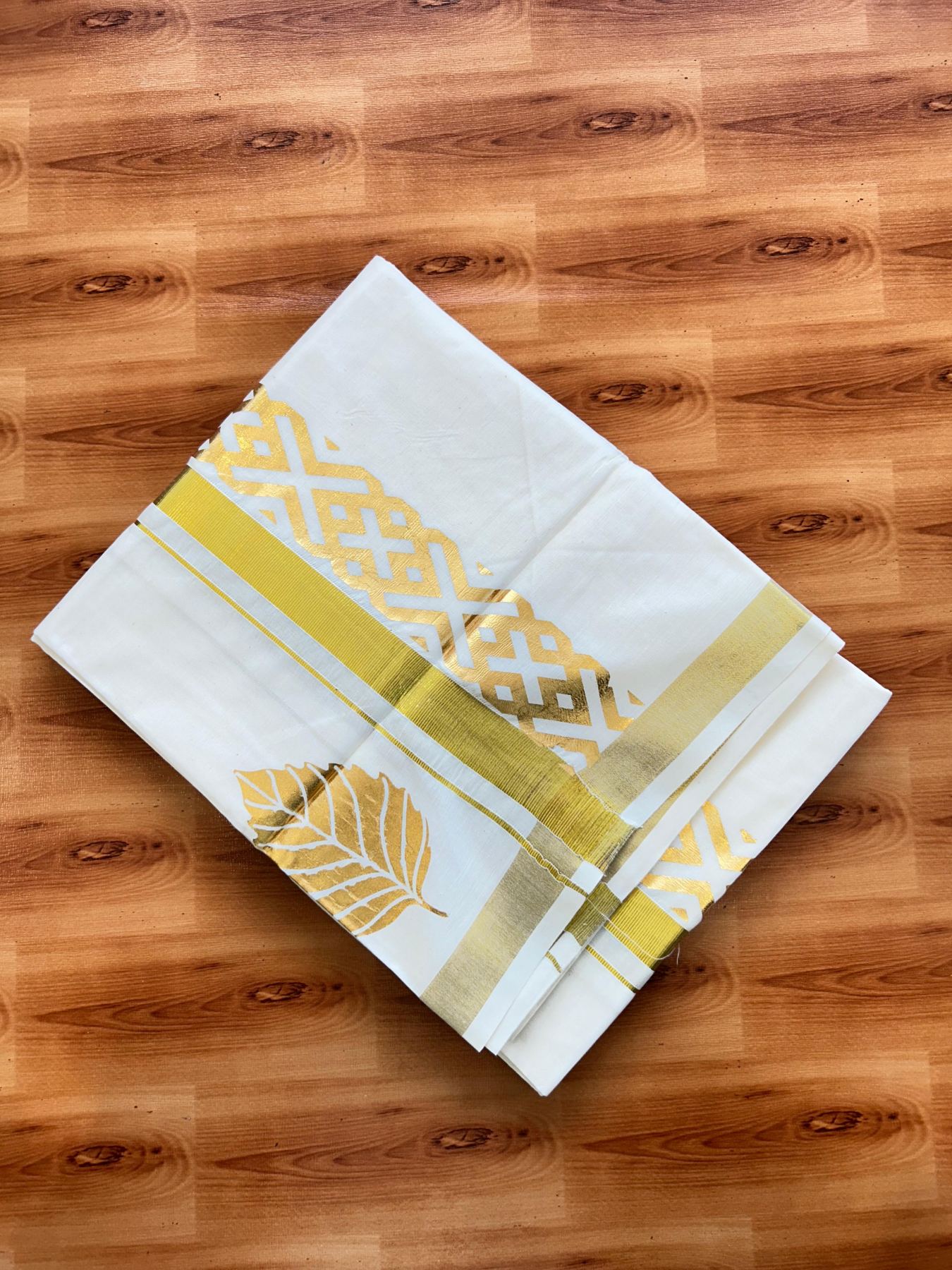 Double Off White (Unbleached) Mundu/Dhoti - 20% Discount!! KaithariKada Mixed Cotton (60s) - 3 inch Gold Kasav & Printed Designer Kara 4 mtr (8.5 Muzham) - 46 KK5487 CKS