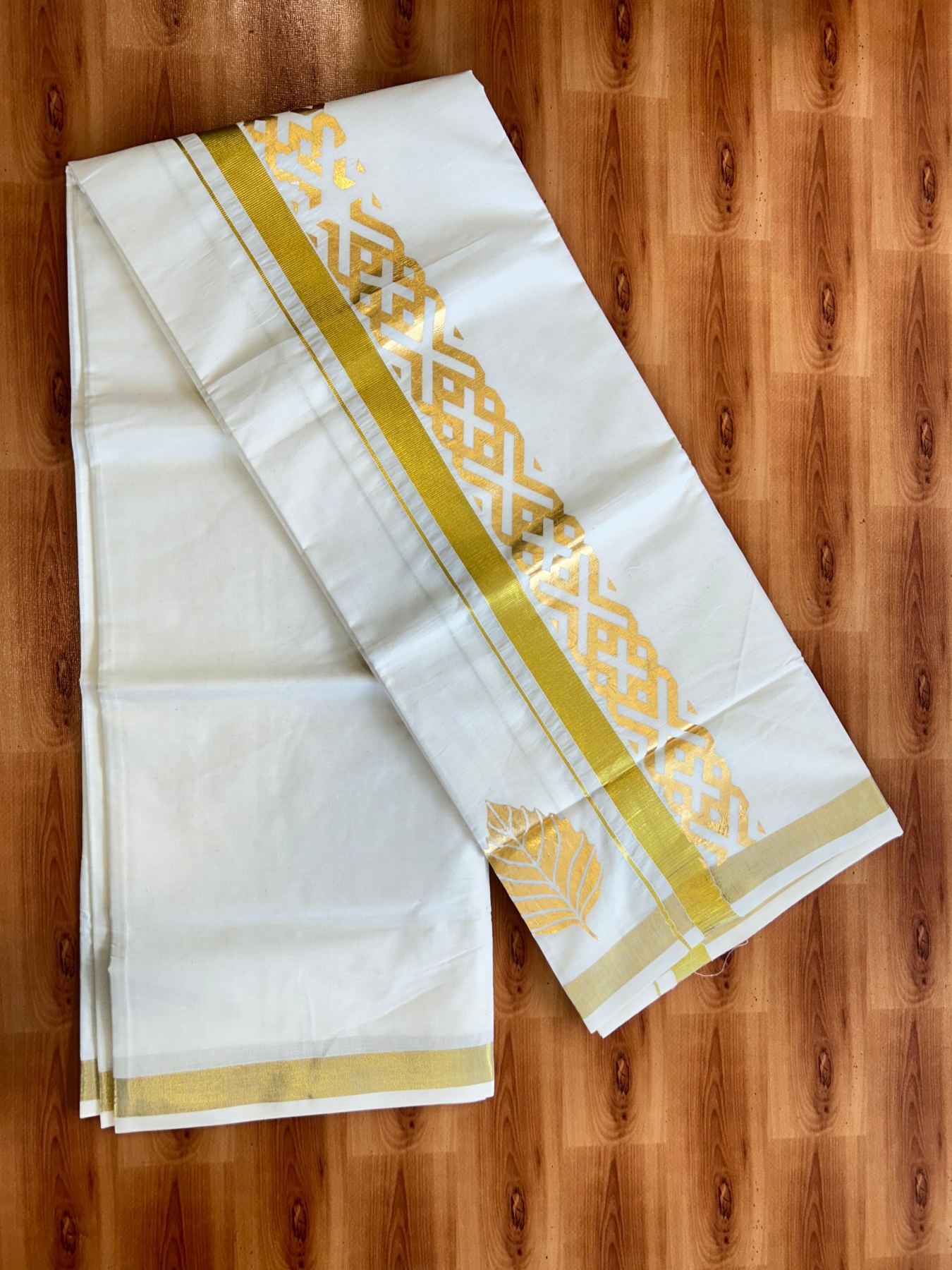 Double Off White (Unbleached) Mundu/Dhoti - 20% Discount!! KaithariKada Mixed Cotton (60s) - 3 inch Gold Kasav & Printed Designer Kara 4 mtr (8.5 Muzham) - 46 KK5487 CKS