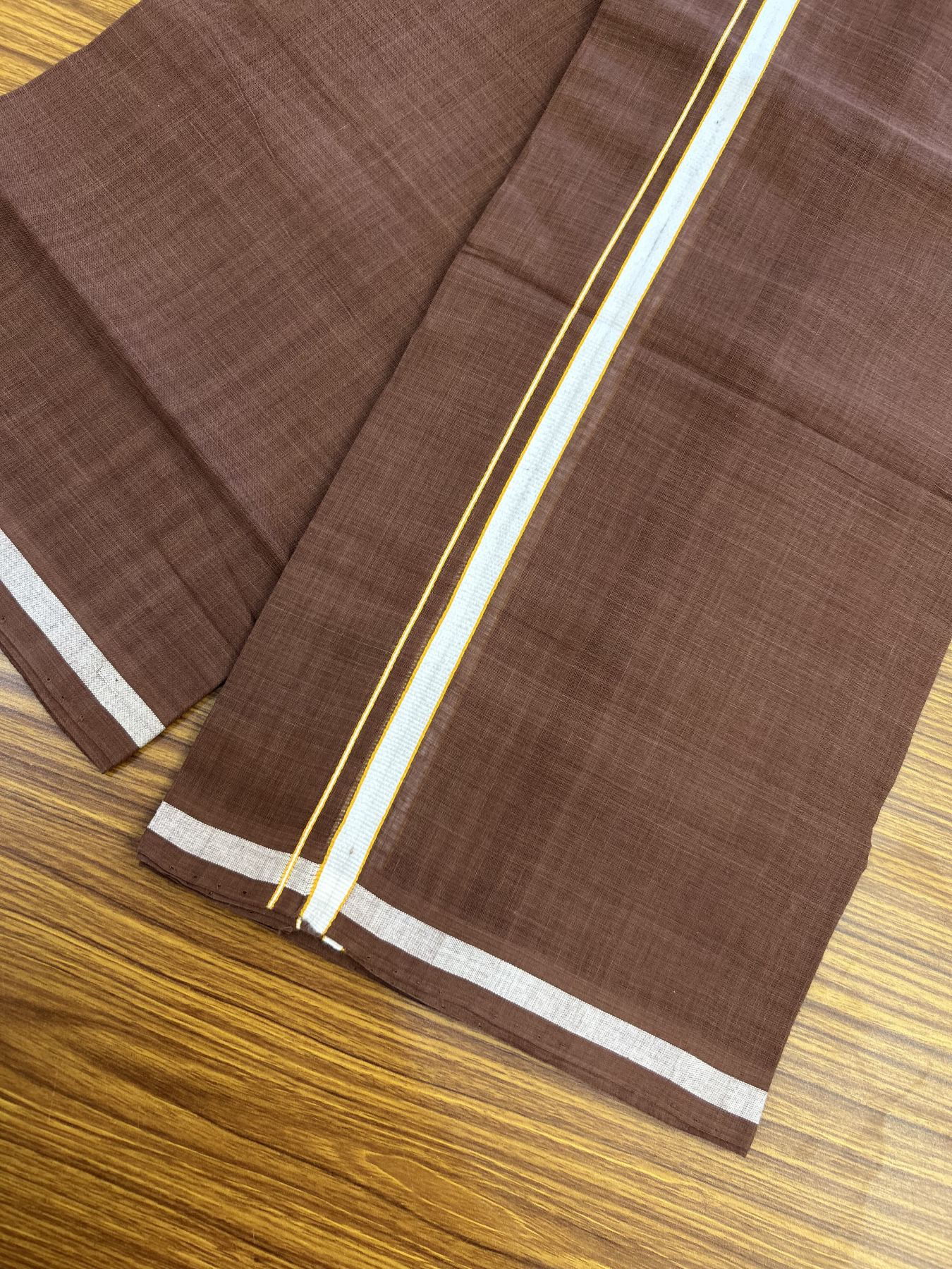 Handloom Single Hallmarked - 10% Discount ! KaithariKada 100% Pure Cotton - Mundu/Dhoti 0.5 inch White & Light Orange kara with Brown colour Body - (2 meter / 4 muzham) - 82 KK8044 ELA