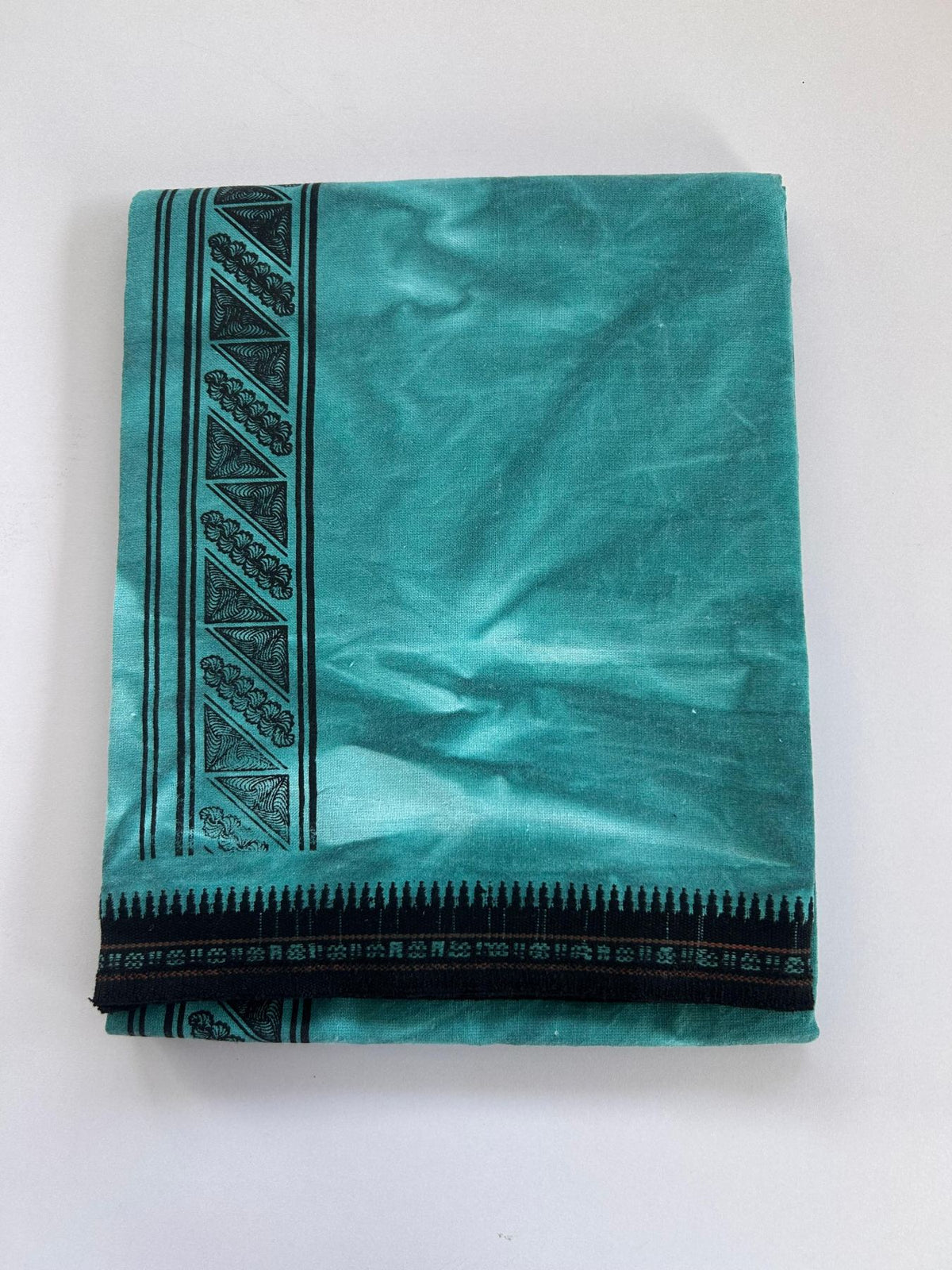 Single Kaily / Lungi - Kaitharikada - Mixed Cotton - 40s twisted - 2 inch Black Printed Design Kara With Sea Green & White Shaded Colour Body (2 meter / 4 muzham) -  20 KK8088 SAT