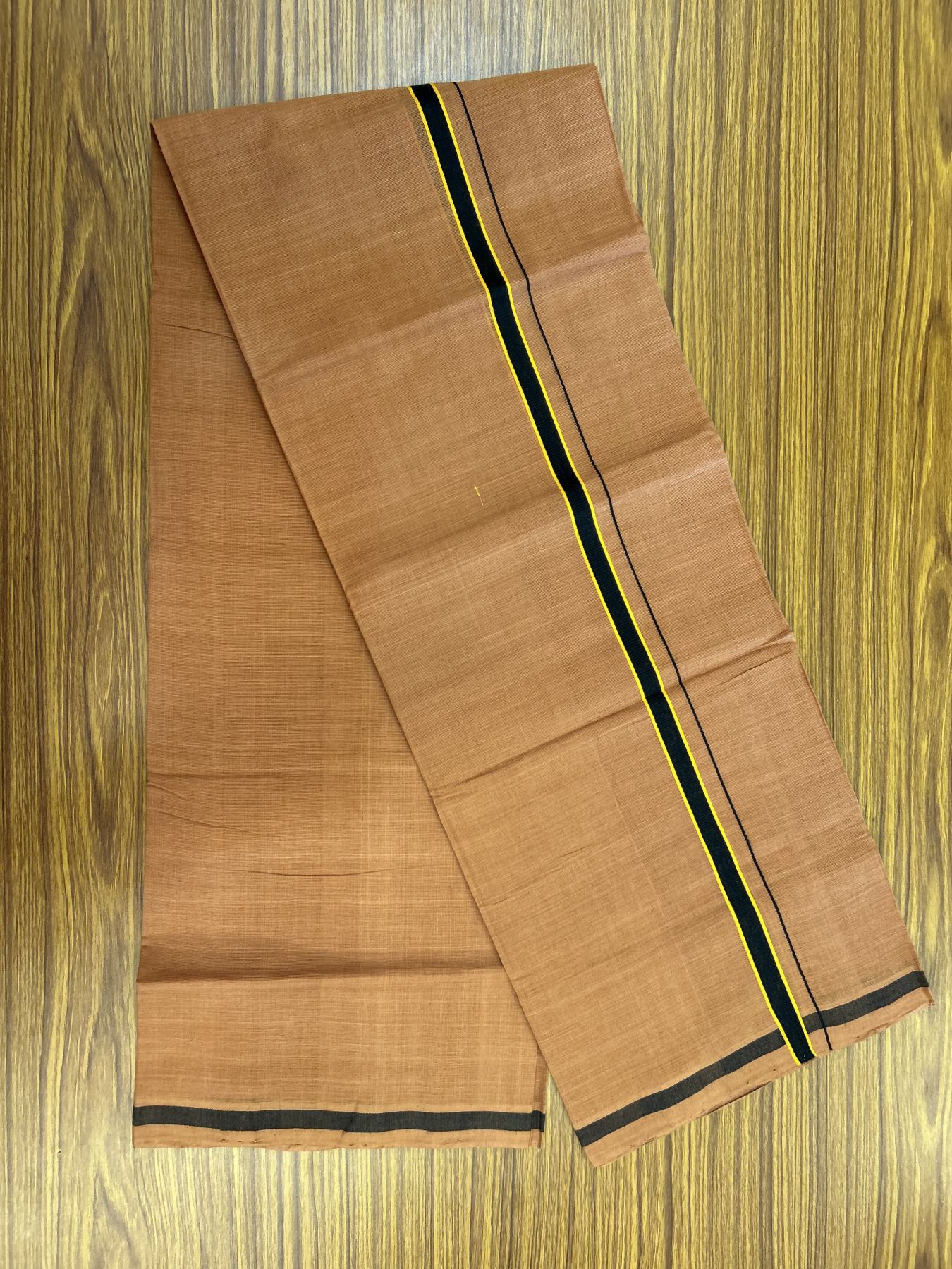 Handloom Single Hallmarked - 10% Discount ! KaithariKada 100% Pure Cotton - Mundu/Dhoti 0.5 inch Black & Light Orange Kara with Kavi colour Body - (2 meter / 4 muzham) - 65 KK8044 ELA