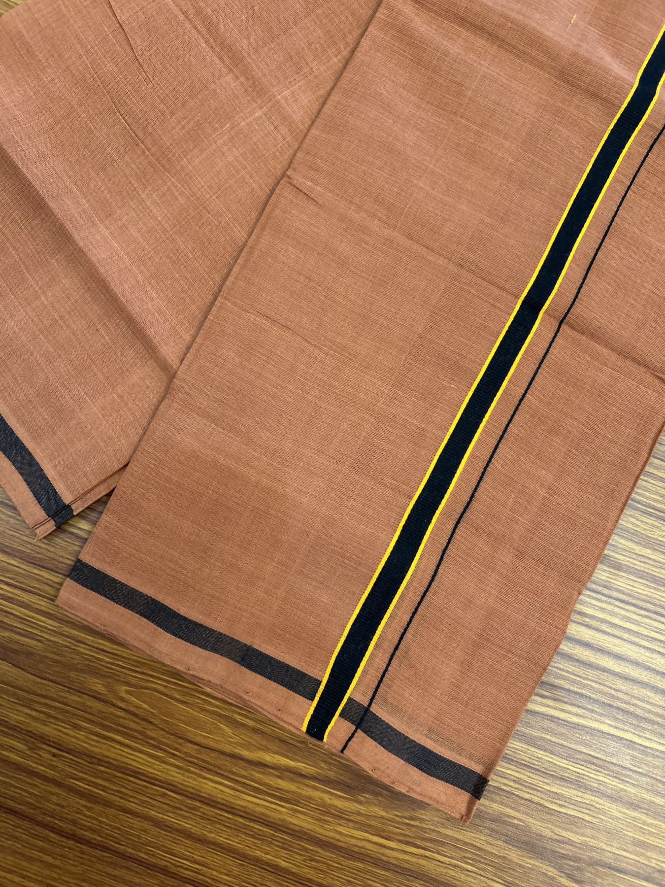 Handloom Single Hallmarked - 10% Discount ! KaithariKada 100% Pure Cotton - Mundu/Dhoti 0.5 inch Black & Light Orange Kara with Kavi colour Body - (2 meter / 4 muzham) - 65 KK8044 ELA