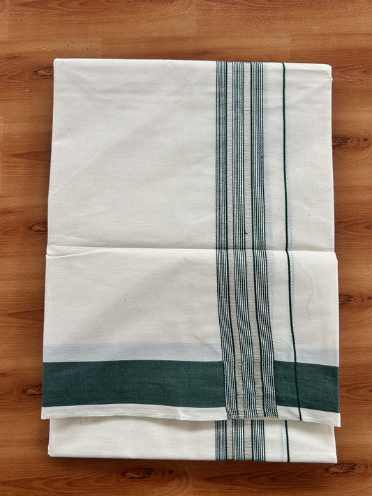Single Off White - (Unbleached) Mundu/Dhoti - KaithariKada Balaramapuram Cotton 70x30 - 1.5 inch Silver Kasav & Green Striped Kara (2 meter / 4 muzham) - 23 KK5409 PMC