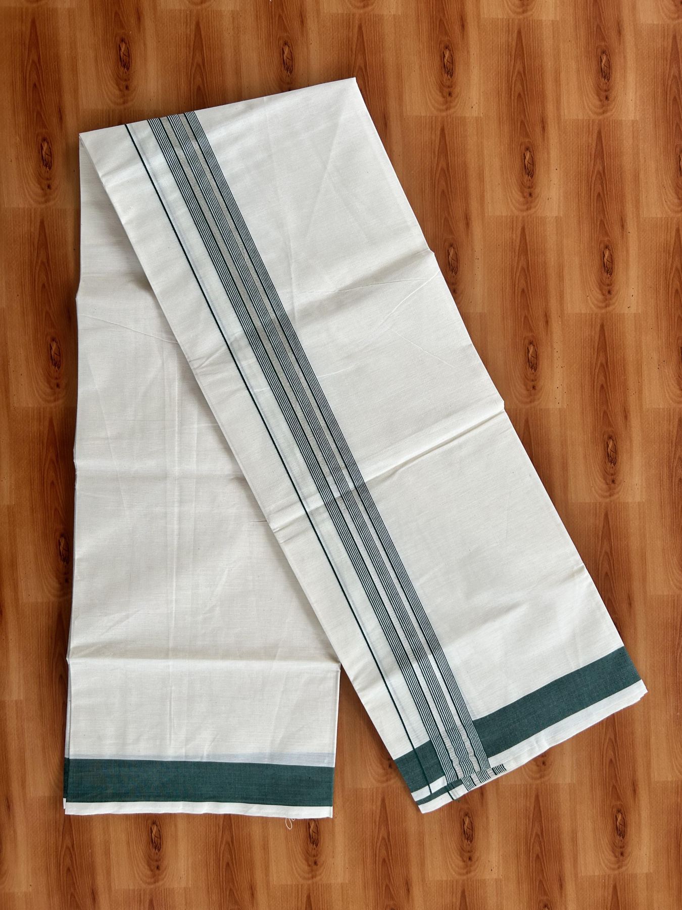 Single Off White - (Unbleached) Mundu/Dhoti - KaithariKada Balaramapuram Cotton 70x30 - 1.5 inch Silver Kasav & Green Striped Kara (2 meter / 4 muzham) - 23 KK5409 PMC