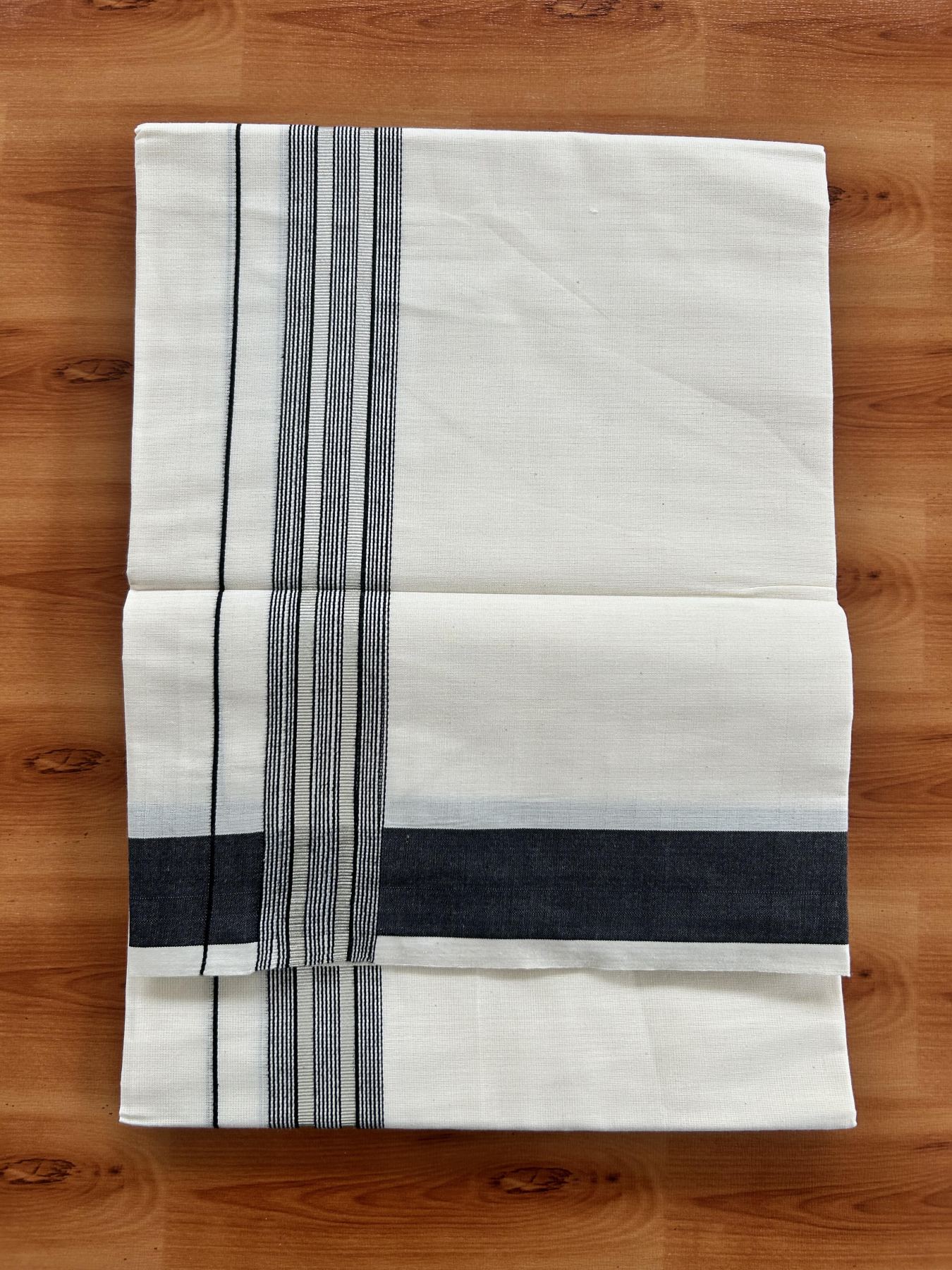 Single Off White - (Unbleached) Mundu/Dhoti - KaithariKada Balaramapuram Cotton 70x30 - 1.5 inch Silver Kasav & Black Striped Kara (2 meter / 4 muzham) - 20 KK5409 PMC