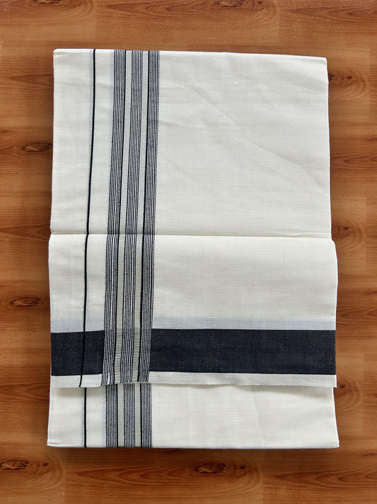 Single Off White - (Unbleached) Mundu/Dhoti - KaithariKada Balaramapuram Cotton 70x30 - 1.5 inch Silver Kasav & Black Striped Kara (2 meter / 4 muzham) - 20 KK5409 PMC