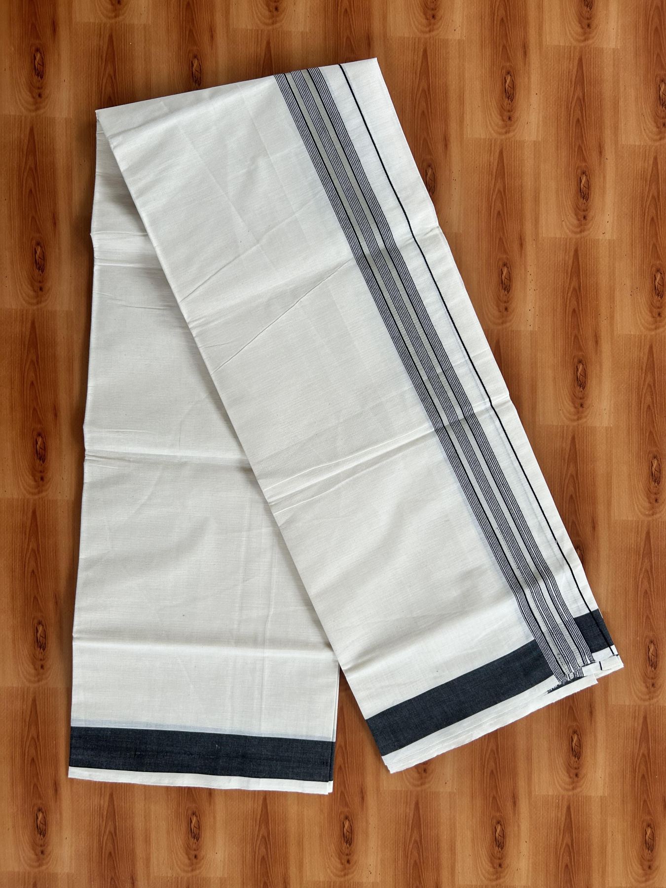 Single Off White - (Unbleached) Mundu/Dhoti - KaithariKada Balaramapuram Cotton 70x30 - 1.5 inch Silver Kasav & Black Striped Kara (2 meter / 4 muzham) - 20 KK5409 PMC