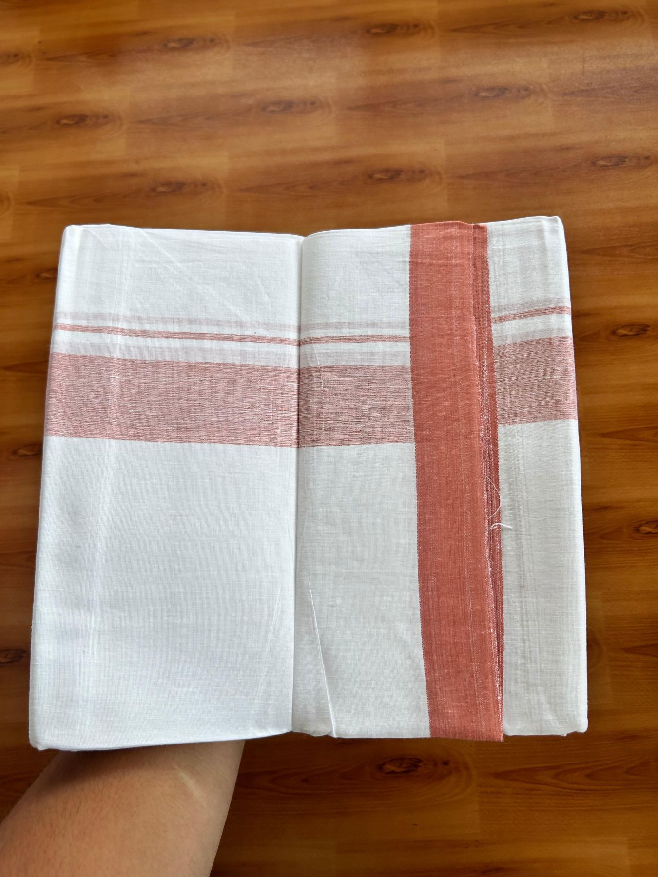 Linen Dhoti New! 20% Discount from Kaitharikada.com - Double Mundu/Dhoti (80s) Thread Pure White - Pure Cotton + Linen - 1.75 Inch Dusty Peach Shaded Kara 4 mtr (8.5 muzham) - 5 KK5493 THI