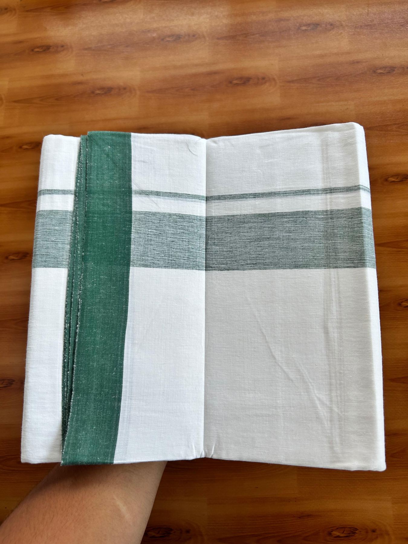 Linen Dhoti New! 20% Discount from Kaitharikada.com - Double Mundu/Dhoti (80s) Thread Pure White - Pure Cotton + Linen - 1.75 Inch Green Shaded Kara 4 mtr (8.5 muzham) - 6 KK5493 THI