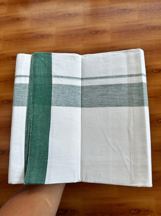Linen Dhoti New! 20% Discount from Kaitharikada.com - Double Mundu/Dhoti (80s) Thread Pure White - Pure Cotton + Linen - 1.75 Inch Green Shaded Kara 4 mtr (8.5 muzham) - 6 KK5493 THI