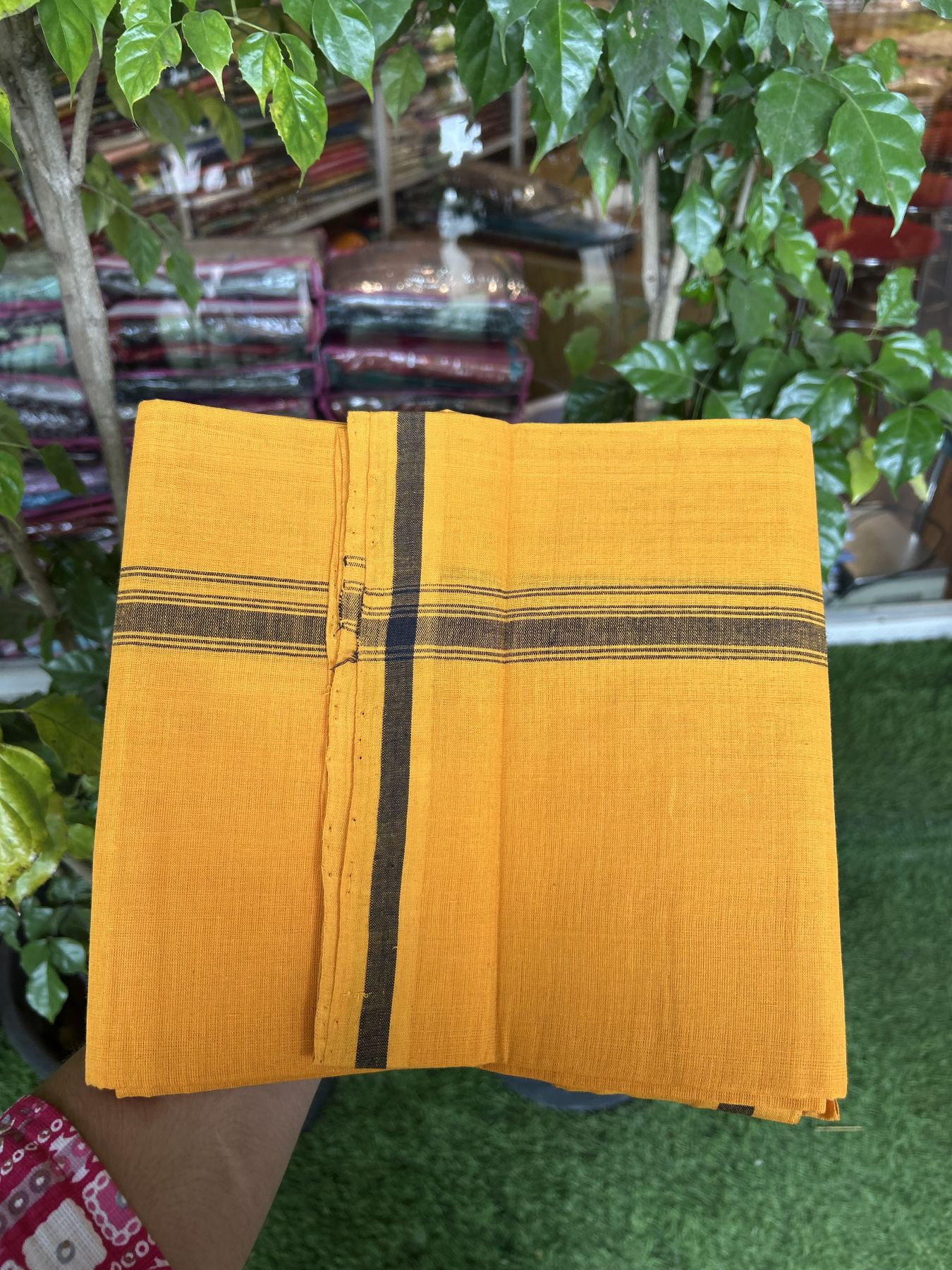 Handloom Single Hallmarked - 10% Discount !! KaithariKada 100% Pure Cotton - Mundu/Dhoti 2 cm Black Striped Kara with Light Orange colour Body - (2 meter / 4 muzham) - 40 KK8044 ELA