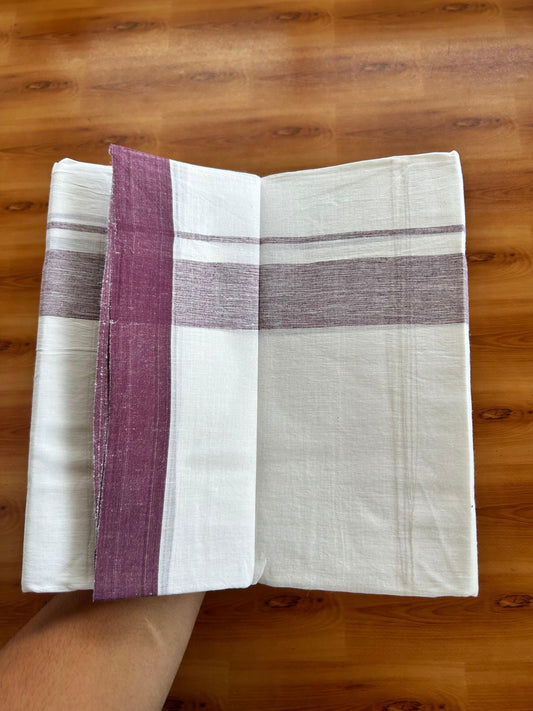 Linen Dhoti New! 20% Discount from Kaitharikada.com - Double Mundu/Dhoti (80s) Thread Pure White - Pure Cotton + Linen - 1.75 Inch Purple Shaded Kara 4 mtr (8.5 muzham) - 7 KK5493 THI