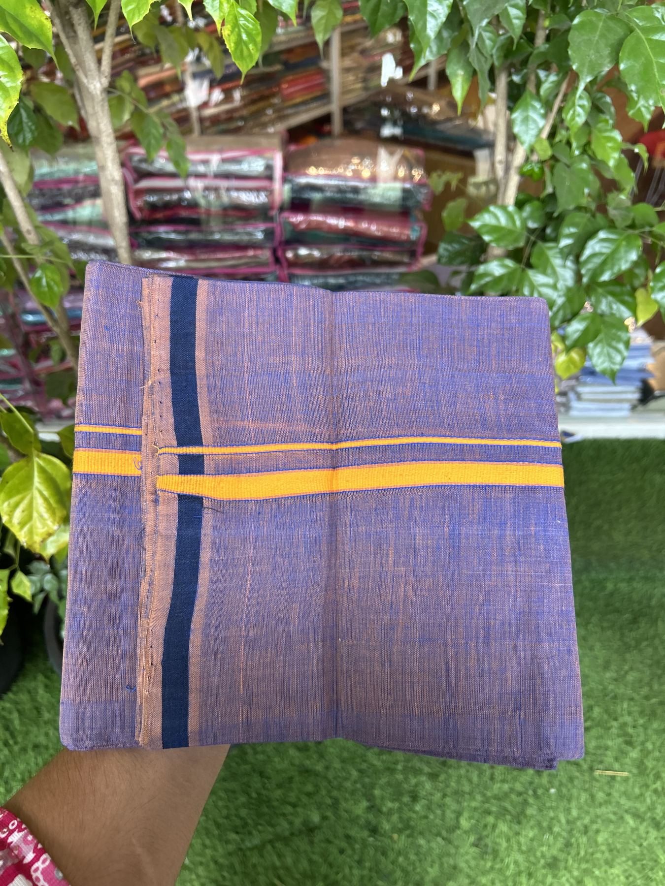 Handloom Single Hallmarked - 10% Discount !! KaithariKada 100% Pure Cotton - Mundu/Dhoti Blue Brown Shaded Body & 1 cm Orange Kara - (2 meter / 4 muzham) - 13 KK8044 ELA