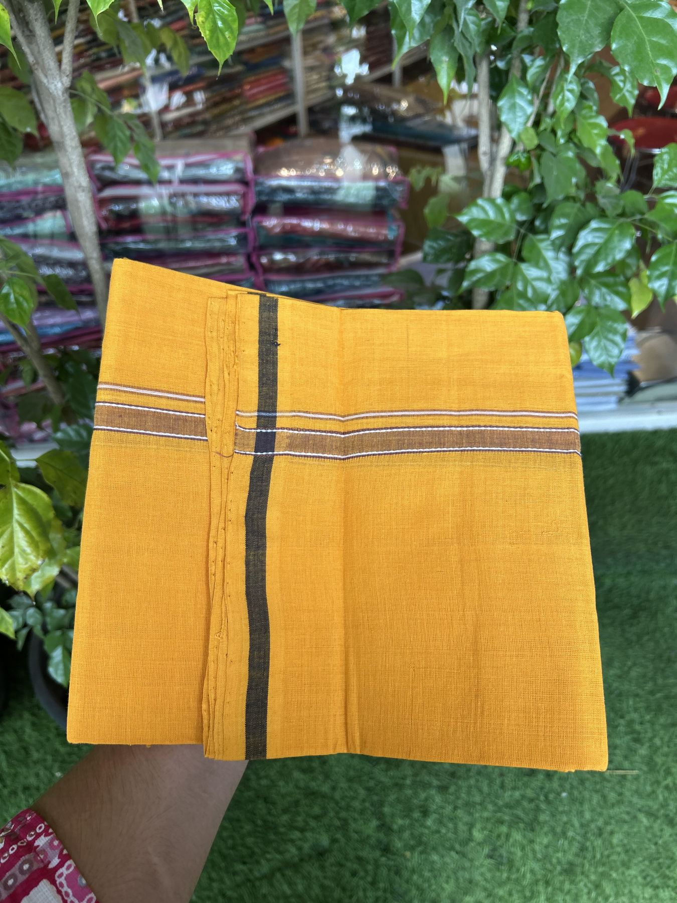 Handloom Single Hallmarked - 10% Discount !! KaithariKada 100% Pure Cotton - Mundu/Dhoti 1.5 cm Brown Striped Kara with Light Orange colour Body - (2 meter / 4 muzham) - 41 KK8044 ELA