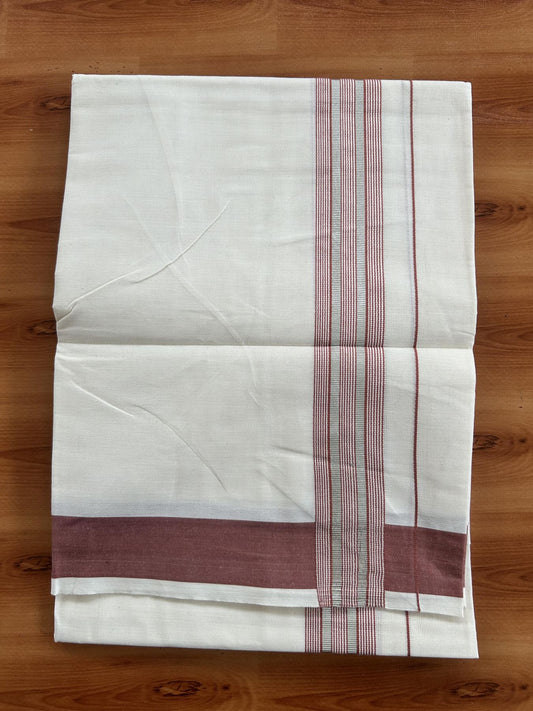 Single Off White - (Unbleached) Mundu/Dhoti - KaithariKada Balaramapuram Cotton 70x30 - 1.5 inch Silver Kasav & Brownish Orange Striped Kara (2 meter / 4 muzham) - 24 KK5409 PMC