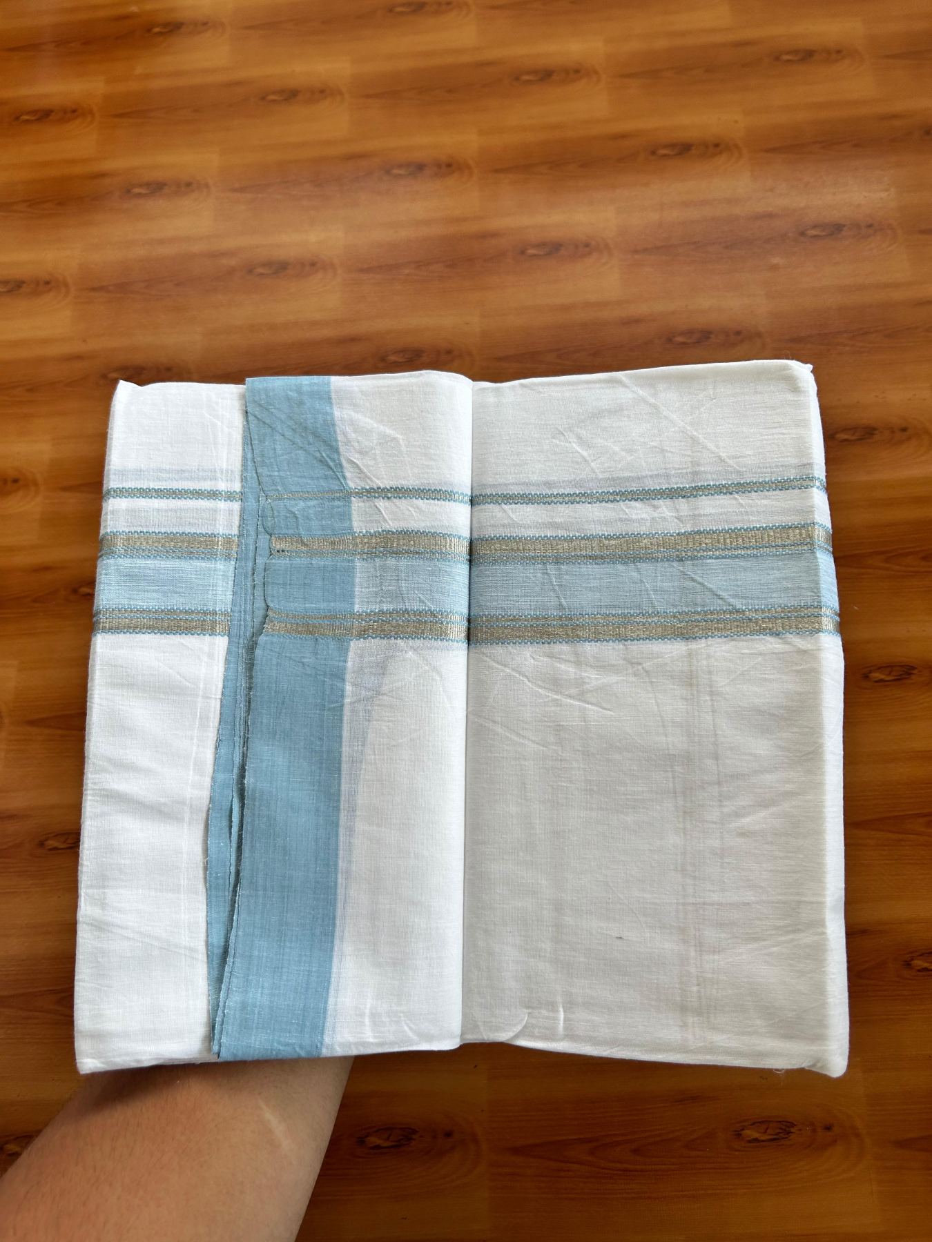 Linen Dhoti New! 20% Discount from Kaitharikada.com - Double Mundu/Dhoti (80s) Thread Pure White - Pure Cotton + Linen - 1.75 Inch Silver Kasav & Light Blue Shaded Kara 4 mtr (8.5 muzham) - 9 KK5493 THI