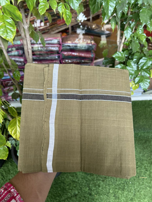 Handloom Single Hallmarked - 10% Discount !! KaithariKada 100% Pure Cotton - Mundu/Dhoti Olive Green Body & 1.5 cm Black & White Stripes Kara - (2 meter / 4 muzham) - 8 KK8044 ELA