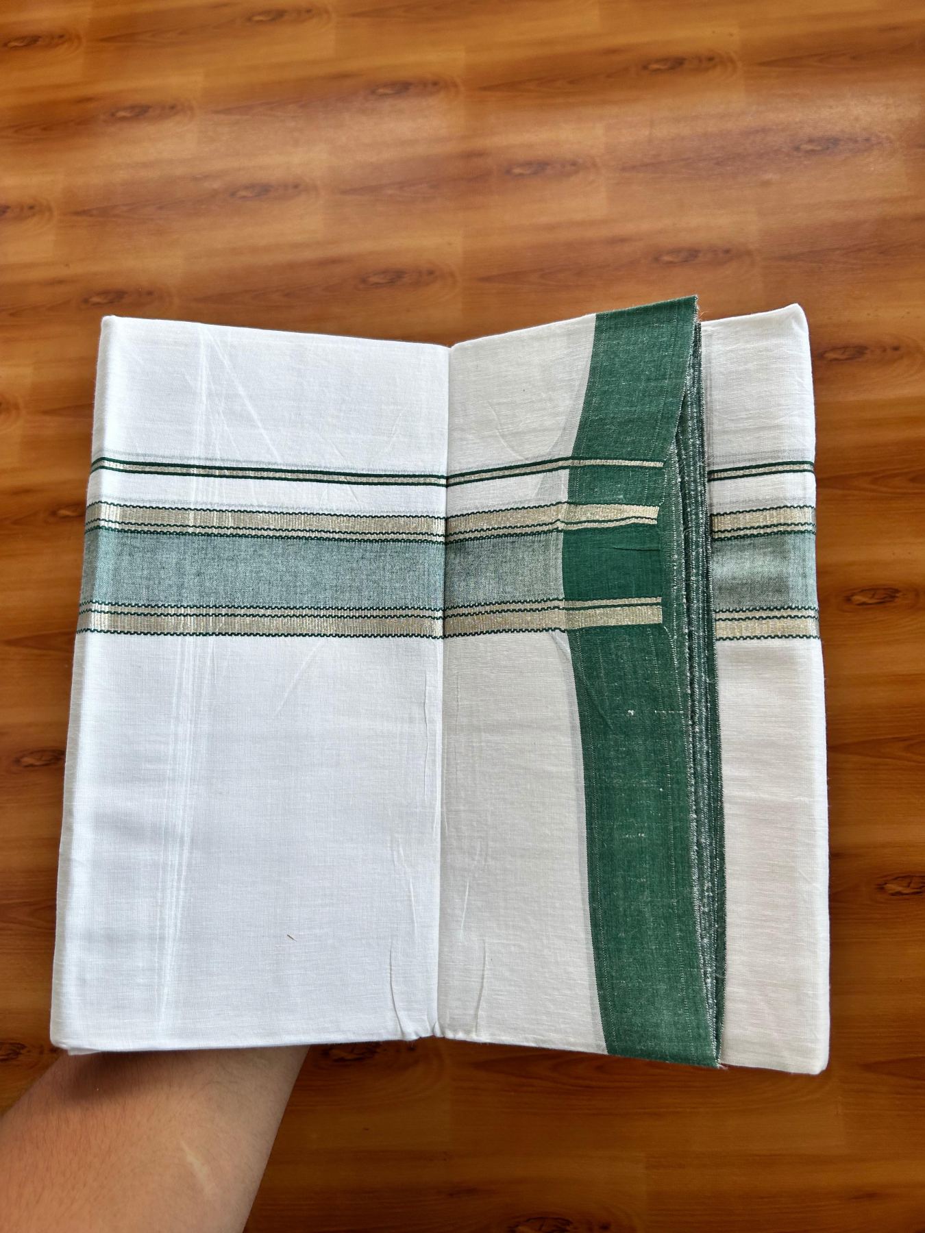 Linen Dhoti New! 20% Discount from Kaitharikada.com - Double Mundu/Dhoti (80s) Thread Pure White - Pure Cotton + Linen - 1.75 Inch Silver Kasav & Green Shaded Striped Kara 4 mtr (8.5 muzham) - 10 KK5493 THI