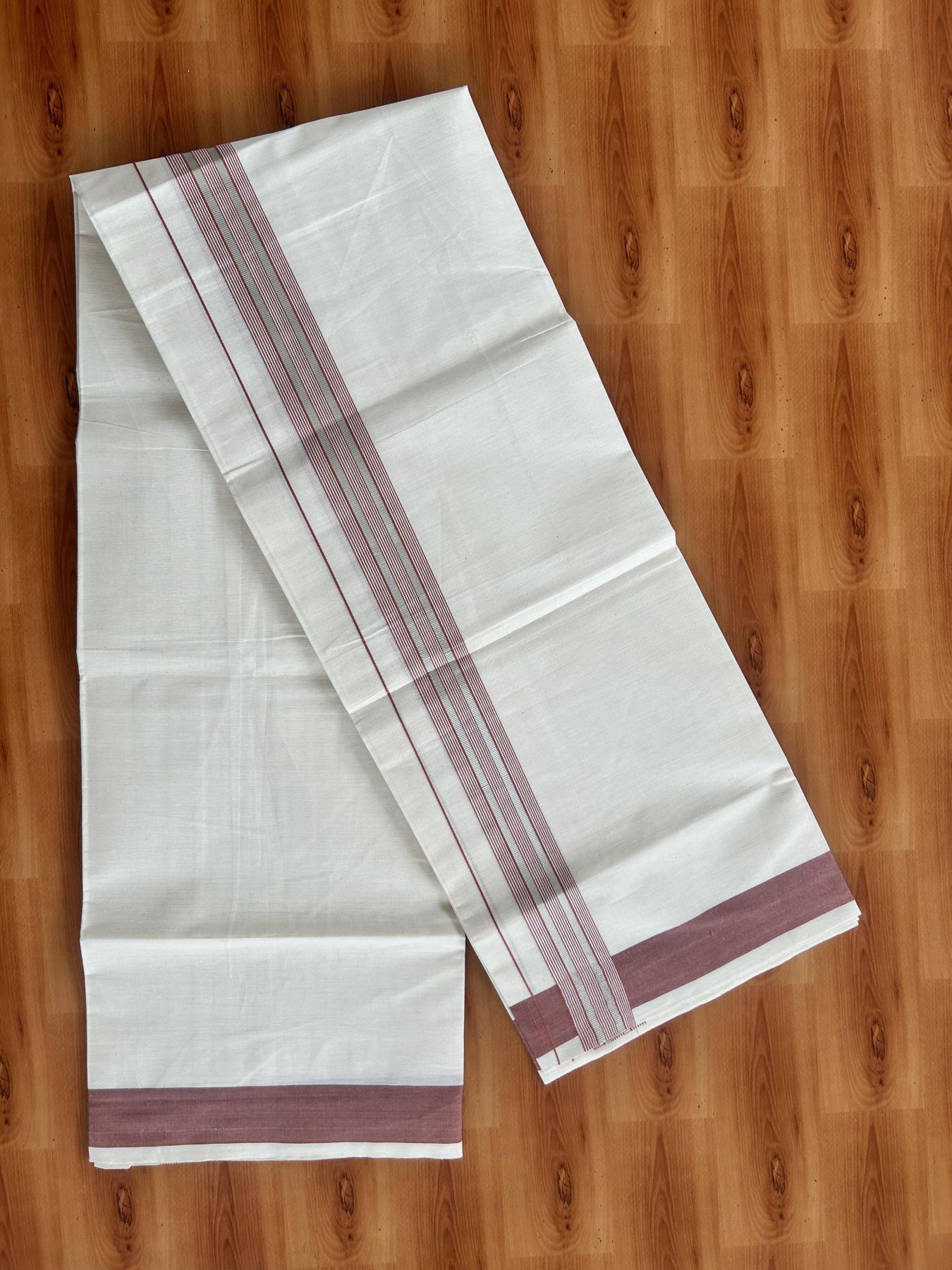Single Off White - (Unbleached) Mundu/Dhoti - KaithariKada Balaramapuram Cotton 70x30 - 1.5 inch Silver Kasav & Brownish Orange Striped Kara (2 meter / 4 muzham) - 24 KK5409 PMC