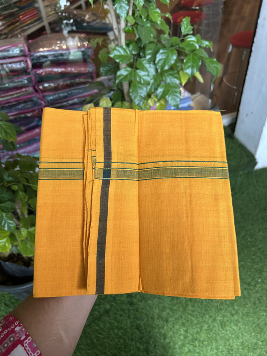 Handloom Single Hallmarked - 10% Discount !! KaithariKada 100% Pure Cotton - Mundu/Dhoti 1.5 cm Green Kara with Light Orange colour Body - (2 meter / 4 muzham) - 31 KK8044 ELA