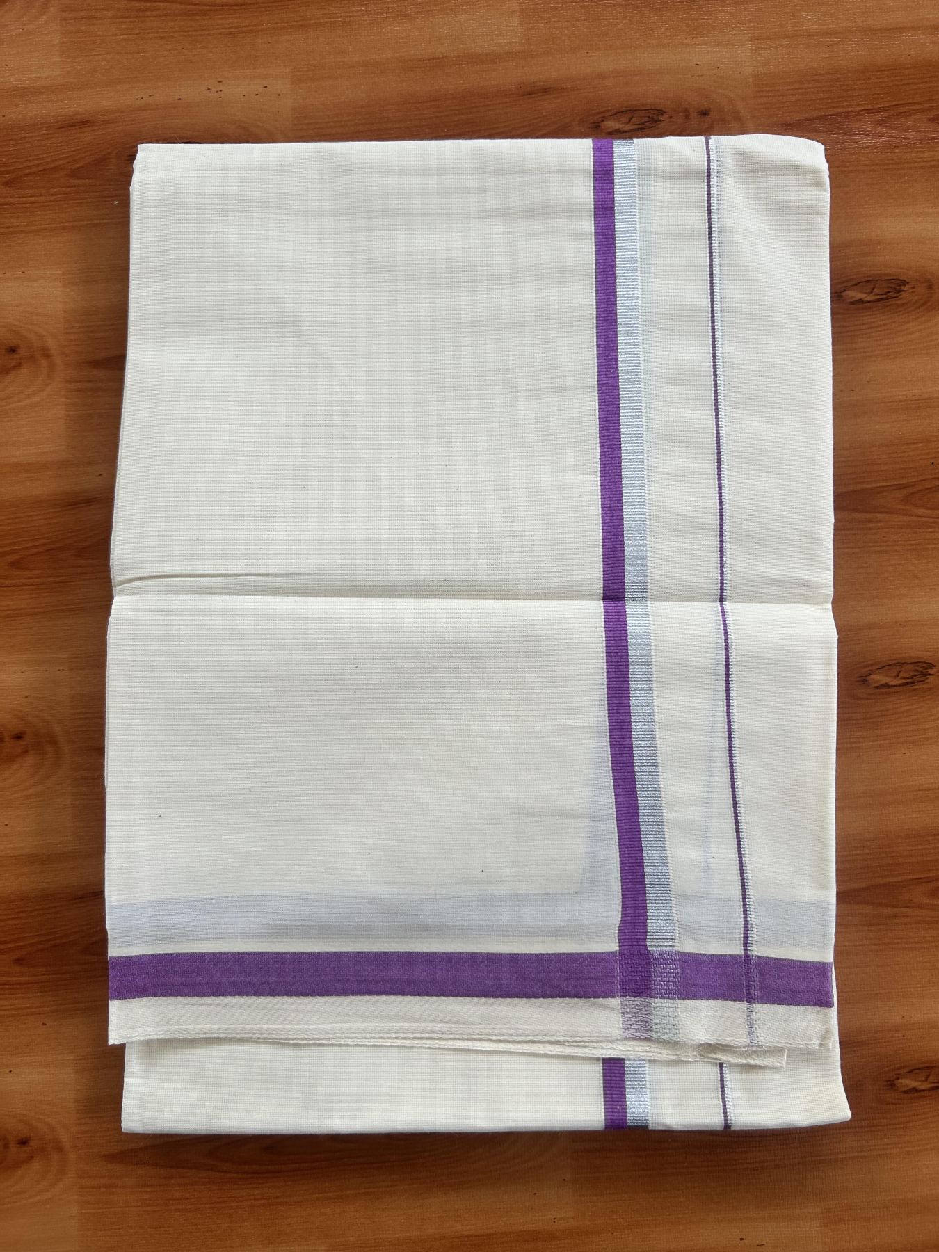 Single Off White - (Unbleached) Mundu/Dhoti - KaithariKada Balaramapuram Cotton 70x30 - 0.5 inch Silver Kasav & Violet Kara (2 meter / 4 muzham) - 25 KK5409 PMC