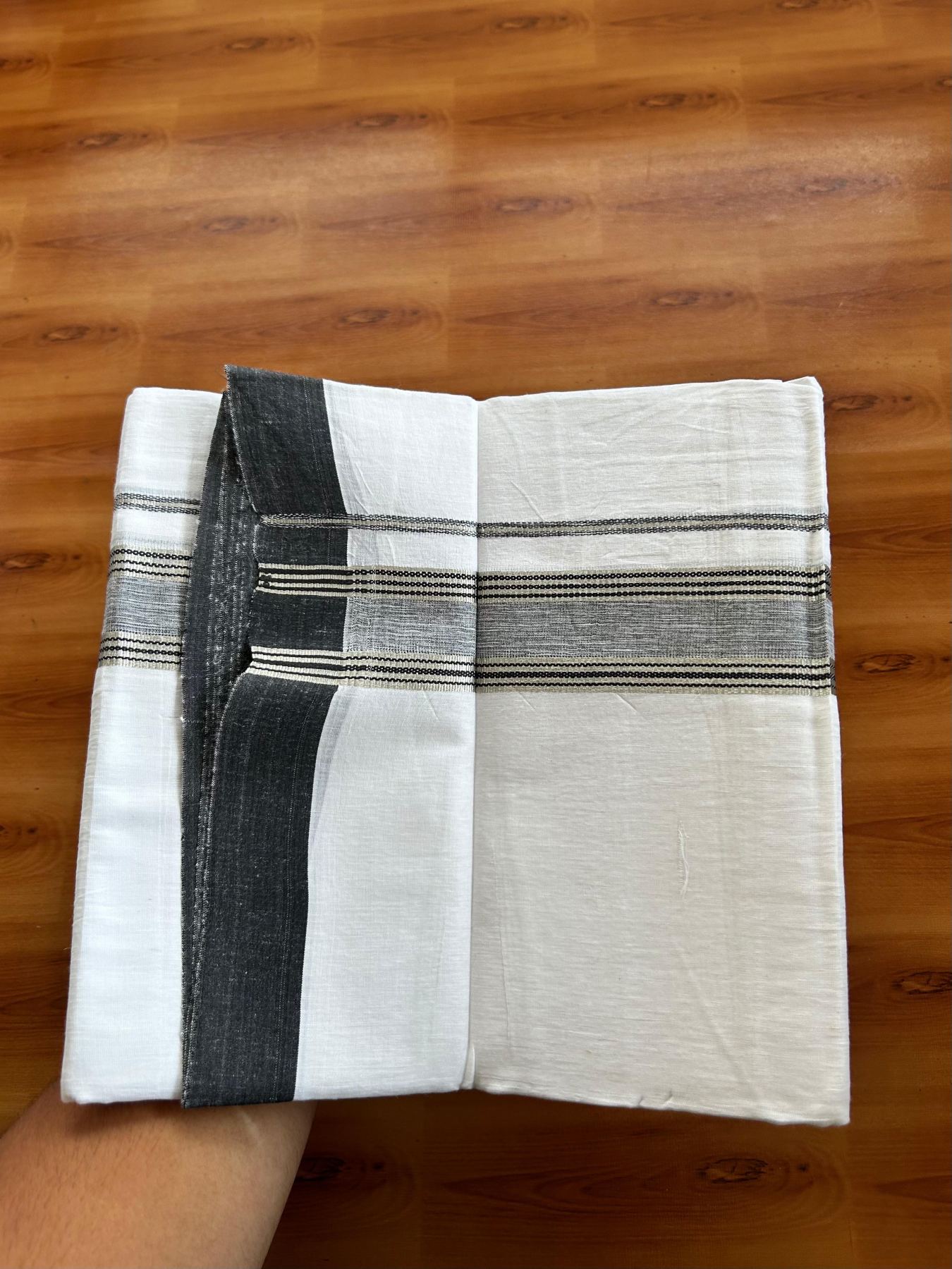 Linen Dhoti New! 20% Discount from Kaitharikada.com - Double Mundu/Dhoti (80s) Thread Pure White - Pure Cotton + Linen - 1.75 Inch Silver Kasav & Black Shaded Striped Kara 4 mtr (8.5 muzham) - 13 KK5493 THI