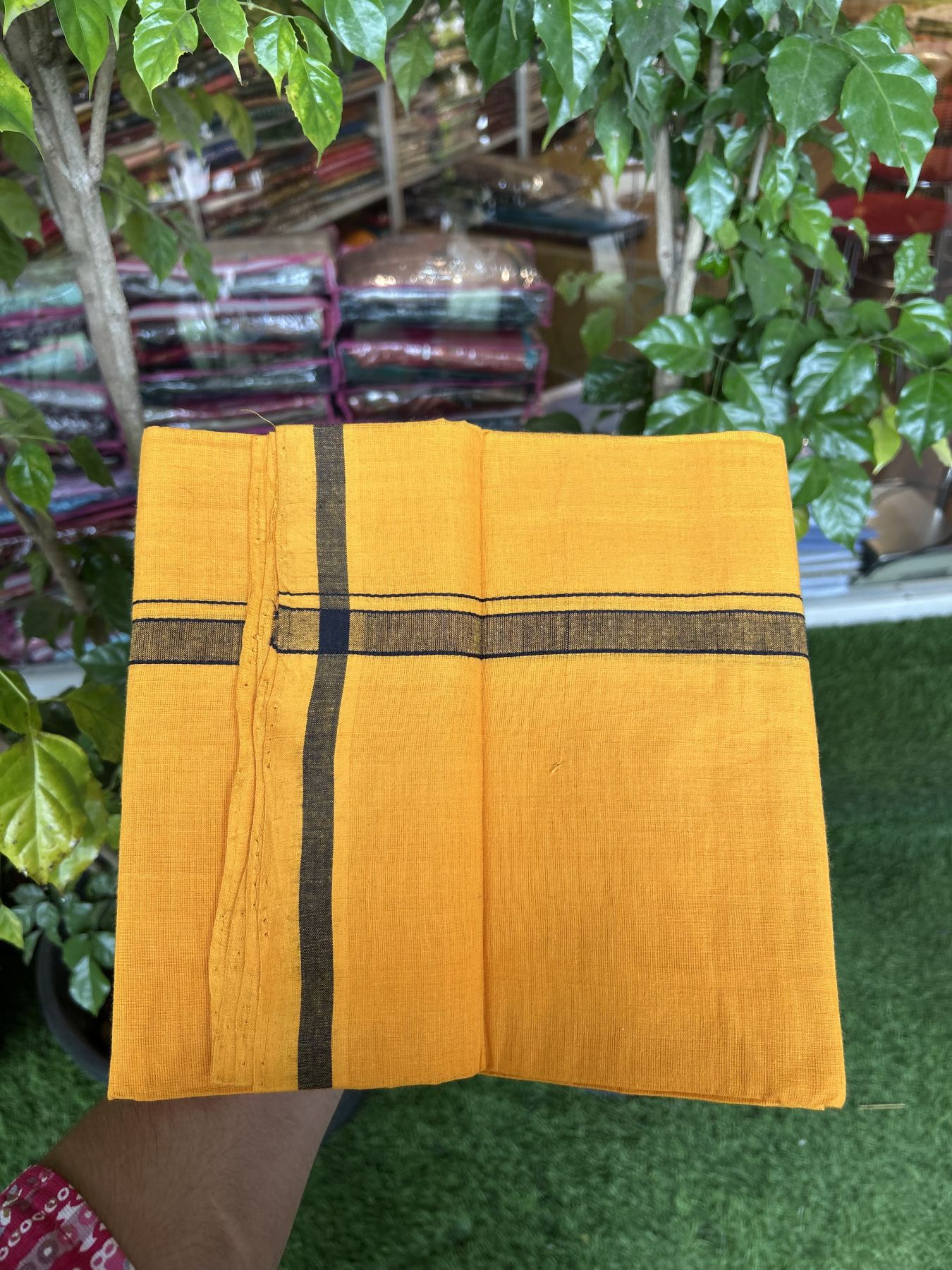 Handloom Single Hallmarked - 10% Discount !! KaithariKada 100% Pure Cotton - Mundu/Dhoti 1.5 cm Black Shaded Kara with Light Orange colour Body - (2 meter / 4 muzham) - 45 KK8044 ELA