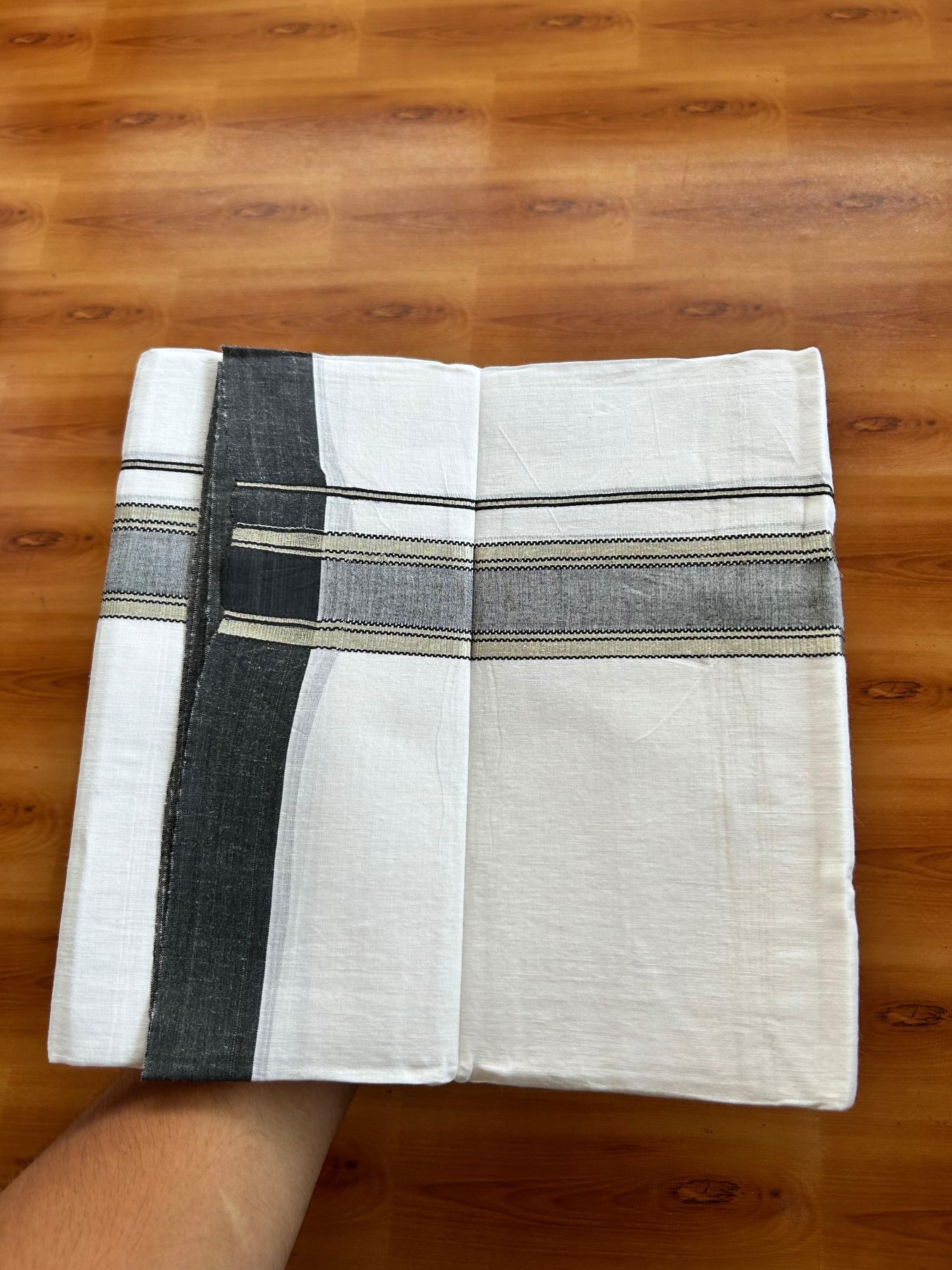 Linen Dhoti New! 20% Discount from Kaitharikada.com - Double Mundu/Dhoti (80s) Thread Pure White - Pure Cotton + Linen - 1.75 Inch Silver Kasav & Black Shaded Striped Kara 4 mtr (8.5 muzham) - 14 KK5493 THI
