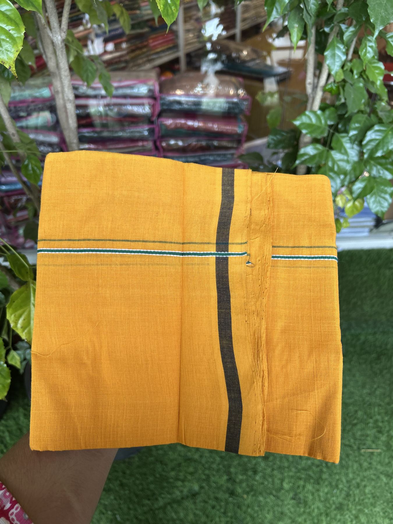 Handloom Single Hallmarked - 10% Discount !! KaithariKada 100% Pure Cotton - Mundu/Dhoti 0.2 cm Green Kara with Light Orange colour Body - (2 meter / 4 muzham) - 46 KK8044 ELA