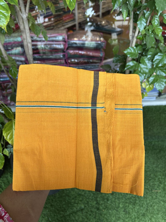 Handloom Single Hallmarked - 10% Discount !! KaithariKada 100% Pure Cotton - Mundu/Dhoti 0.2 cm Green Kara with Light Orange colour Body - (2 meter / 4 muzham) - 46 KK8044 ELA