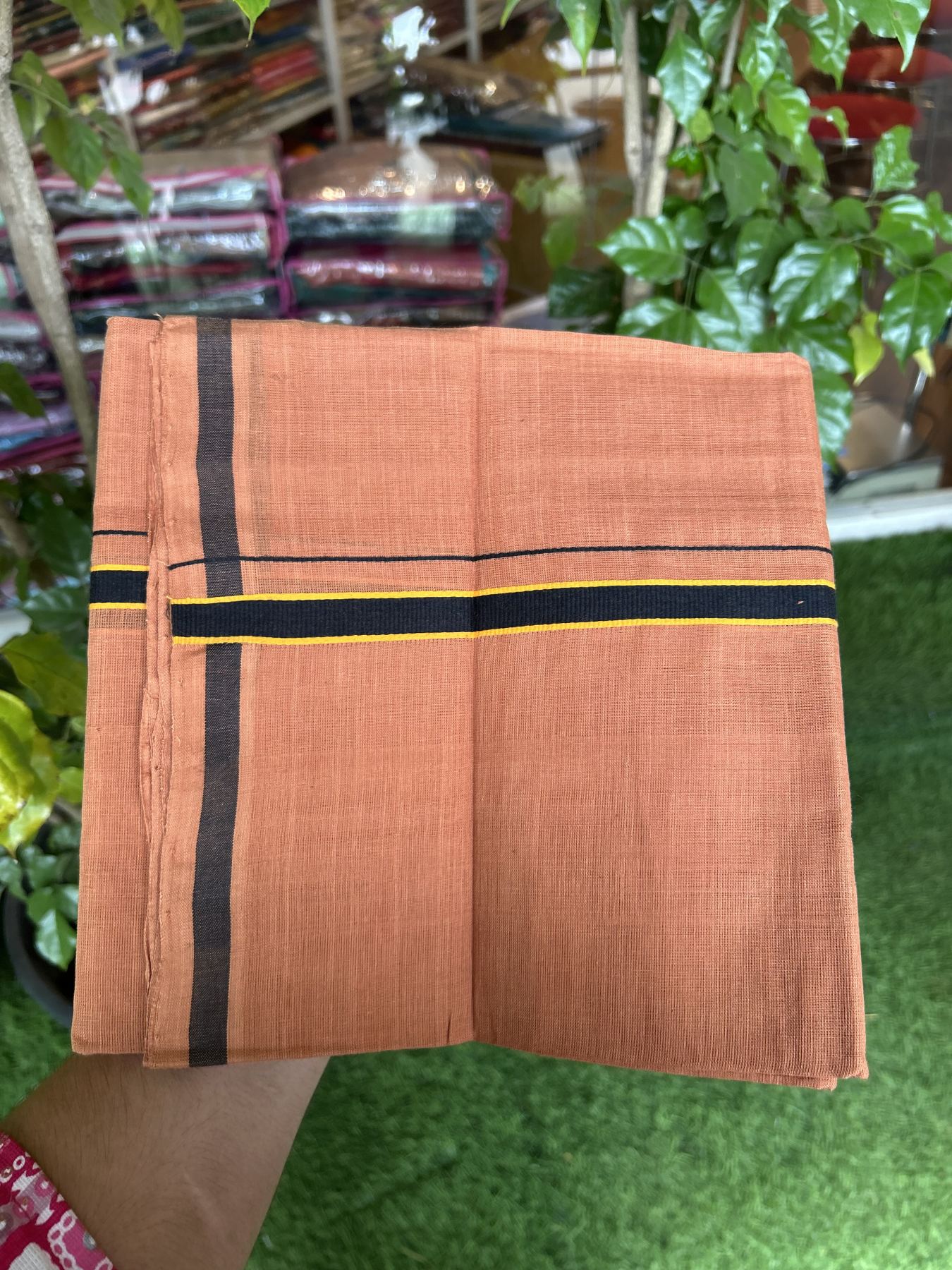 Handloom Single Hallmarked - 10% Discount ! KaithariKada 100% Pure Cotton - Mundu/Dhoti 0.5 inch Black & Light Orange Kara with Kavi colour Body - (2 meter / 4 muzham) - 65 KK8044 ELA